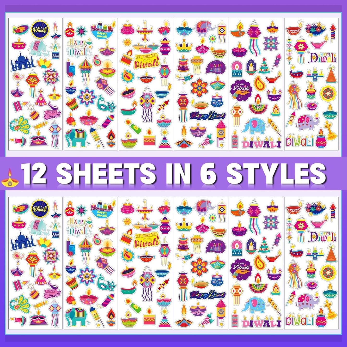 UPINS Happy Diwali Stickers, Foam 3D Puffy Stickers Assorted Lanterns Peacocks Elephants Diwali Sticker Bulk for Diwali Party Favors Scrapbooking Crafts Rewards(12 Sheets)