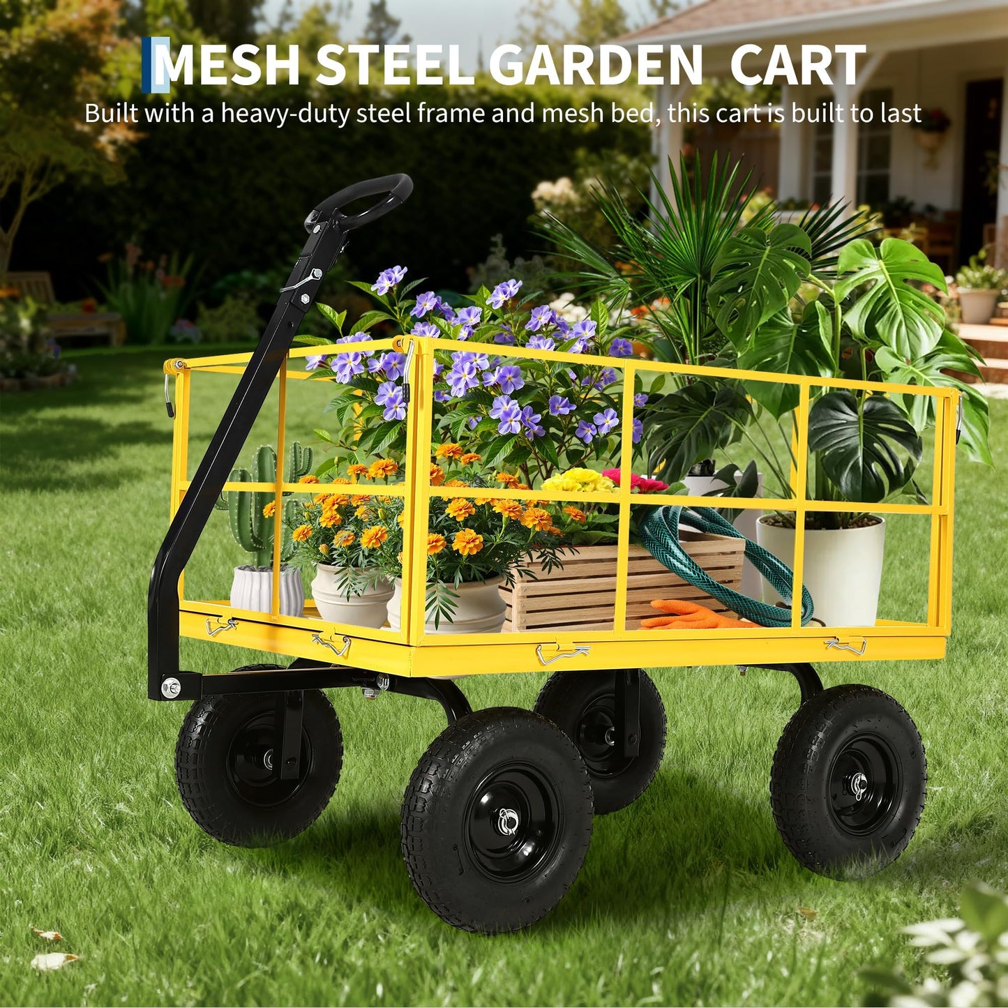 Garvee 1500 LB Garden Wagon Cart with 13 in All Terrain Tires, 3-in-1 Yard Wagon Cart with Removable Side Panels, Heavy Duty Outdoor Metal Utility Wagon Yard Trailer for Outdoor Lawn, Yard, Backyard
