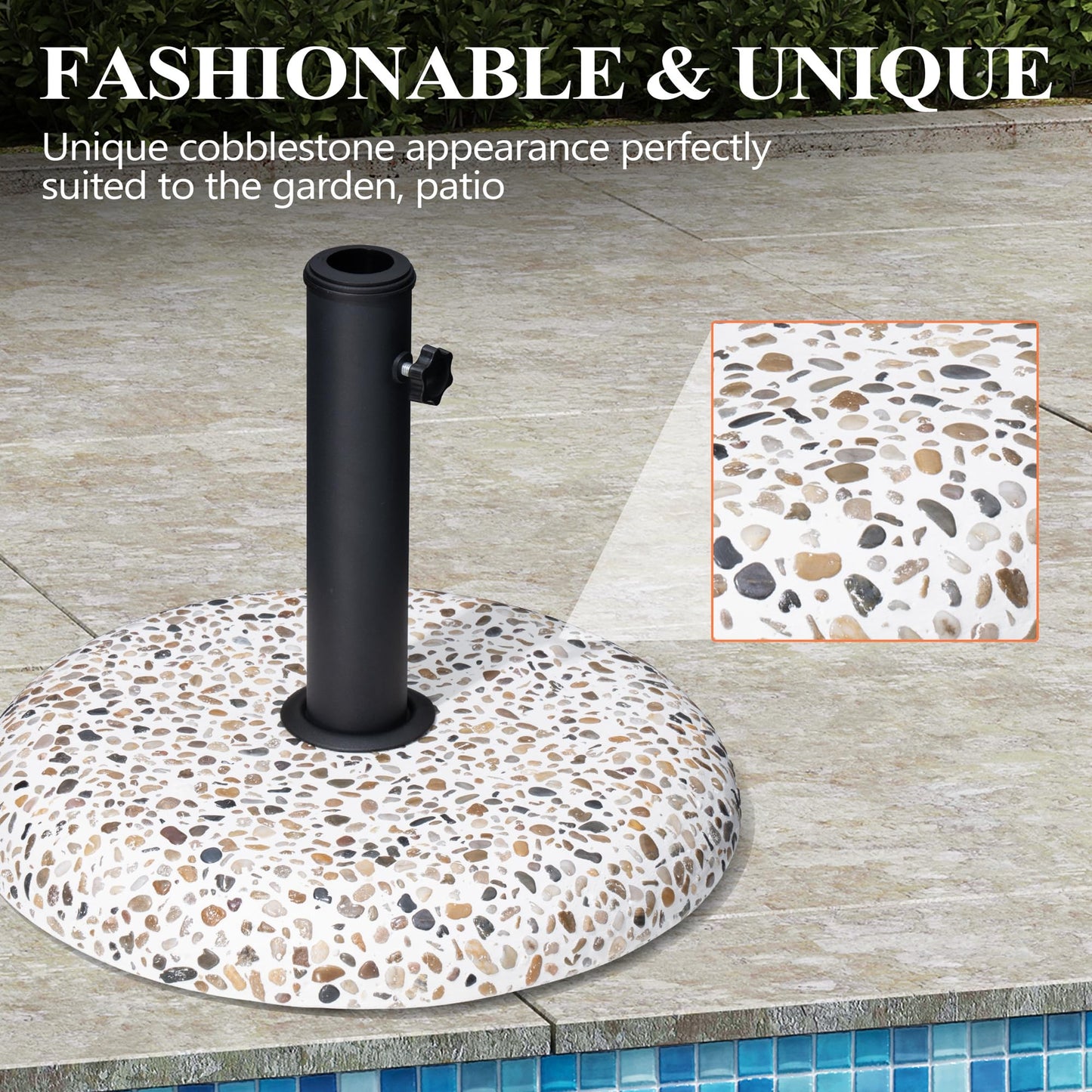 JOINHOM 45lbs Patio Umbrella Base, Outdoor Umbrella Stand, Concrete with Cobblestone Decor Heavy Duty Umbrella Holder Outdoor Base for Deck Poolside Yard (Cobblestone)