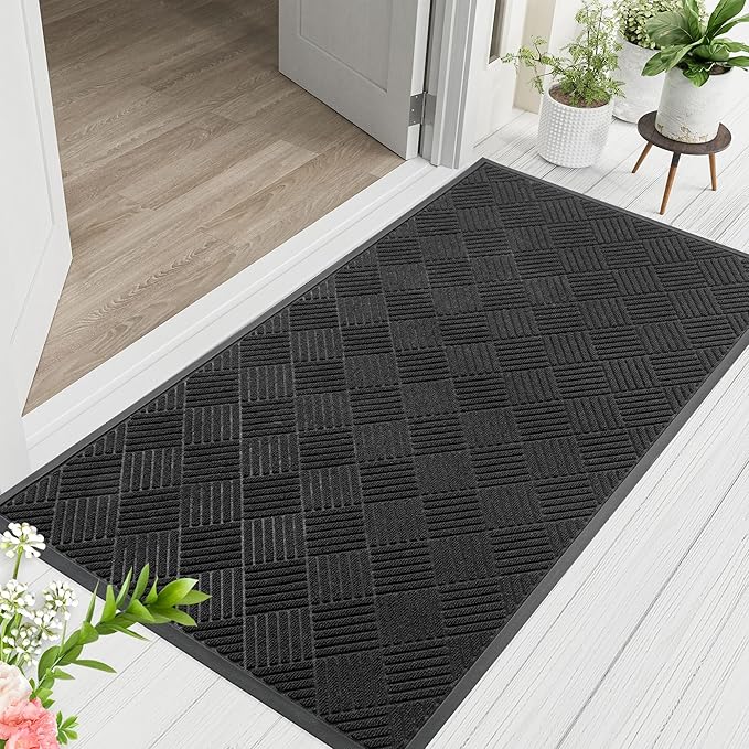 Indoor Outdoor Door Mat, 5’x 4' Doormat for Entryway, Rubber Backing Non Slip Front Door Mat Outside Entrance, Super Absorbent Commercial Floor Mat for Home Office, Black