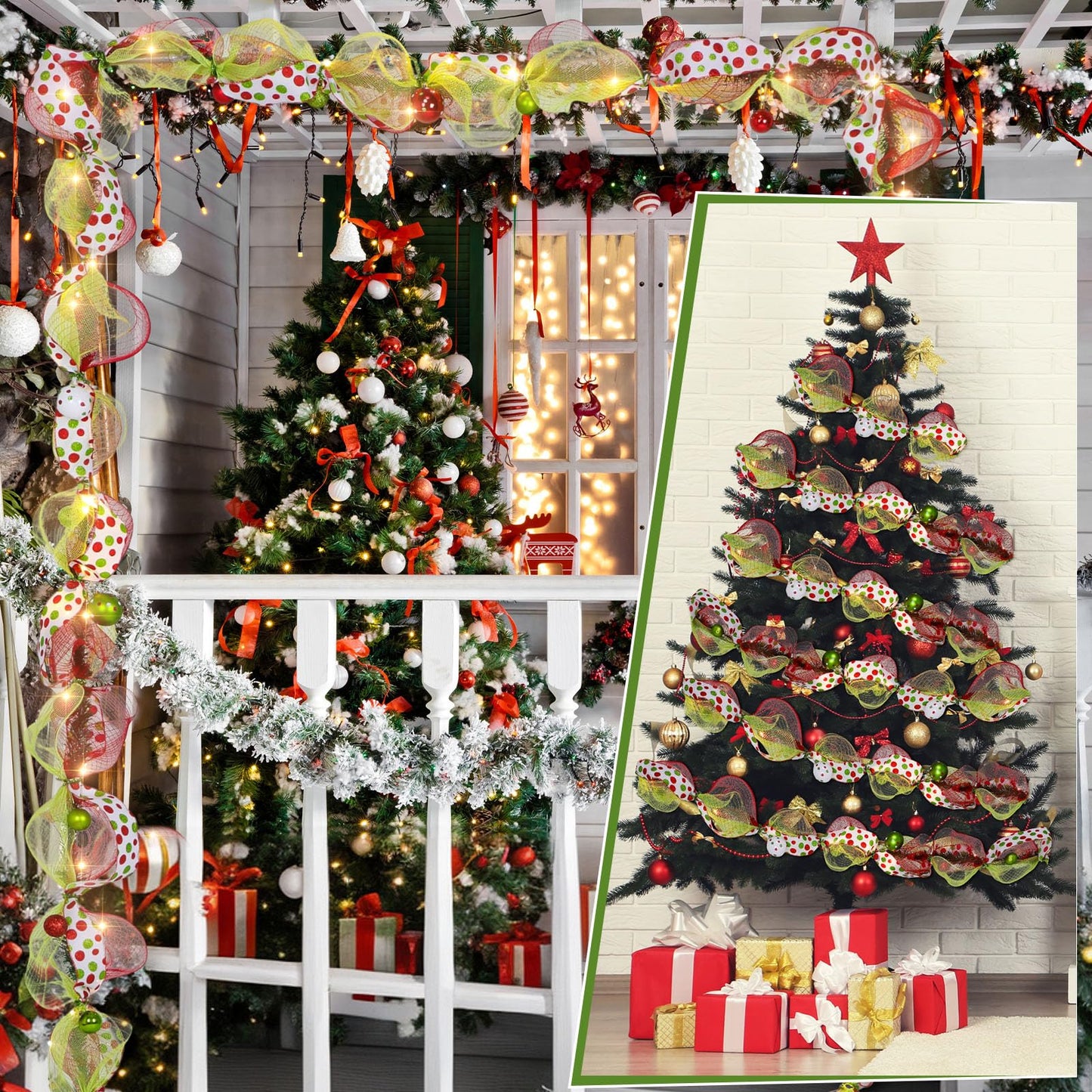 AceOrbit 28 Pcs DIY Christmas Decor Mesh Entryway Garland Decoration Metallic Mesh Ribbon Red Christmas Balls Ribbon Pine Needles Garlands Chenille Stems for Xmas Door Holiday Wreath (Stylish Style)