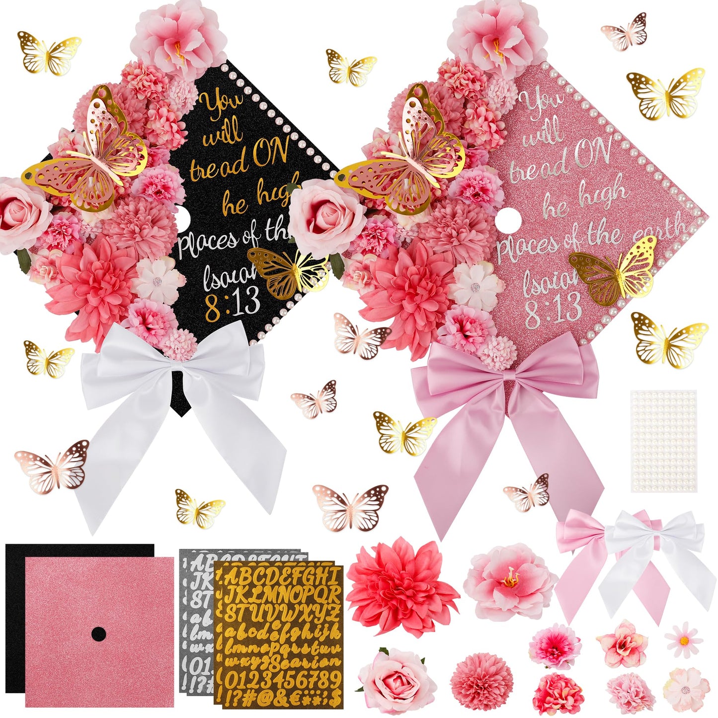 68 Pcs Pink DIY Graduation Cap Decorations Accessory Kit 3D Artificial Flowers Pink White Bows Butterfly Glitter Alphabet Number Pearl Stickers for DIY Hat Grad Cap Topper Graduation Party Supplies