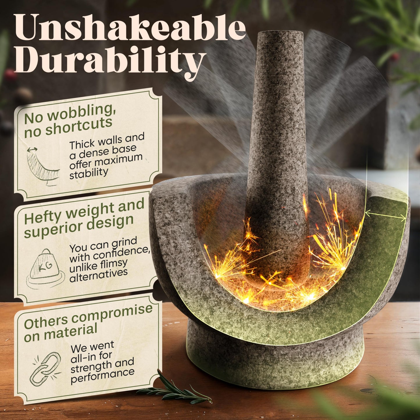 ChefSofi 1.5 Cup-Capacity Mortar and Pestle Set - Unpolished Heavy Granite for Enhanced Performance and Organic Appearance