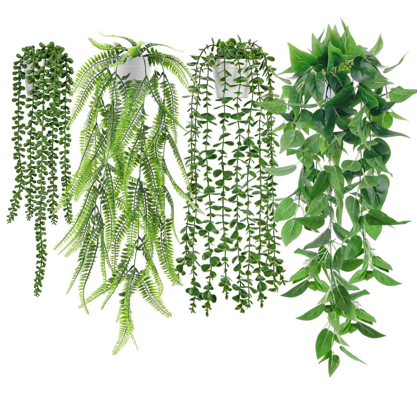 Der Rose 4Pcs Fake Plants Hanging Artificial Ivy Vine Faux Eucalyptus Hanging Plants, Boston Fern, String of Pearls for Living Room Bedroom Boho Wall Shelf Indoor Outdoor Decor (White Pots)