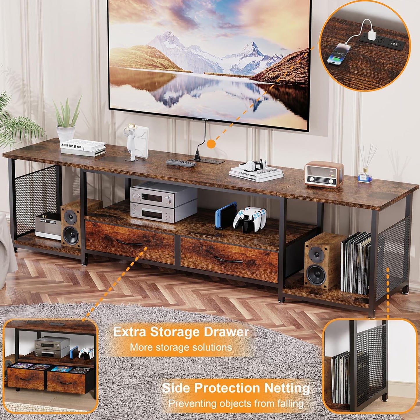TV Stand with Drawers and Power Outlets for 75 70 65 Inch TV, Entertainment Center with Open Storage Shelves, Industrial Media TV Console Table for Living Room Bedroom Office, Rustic Brown