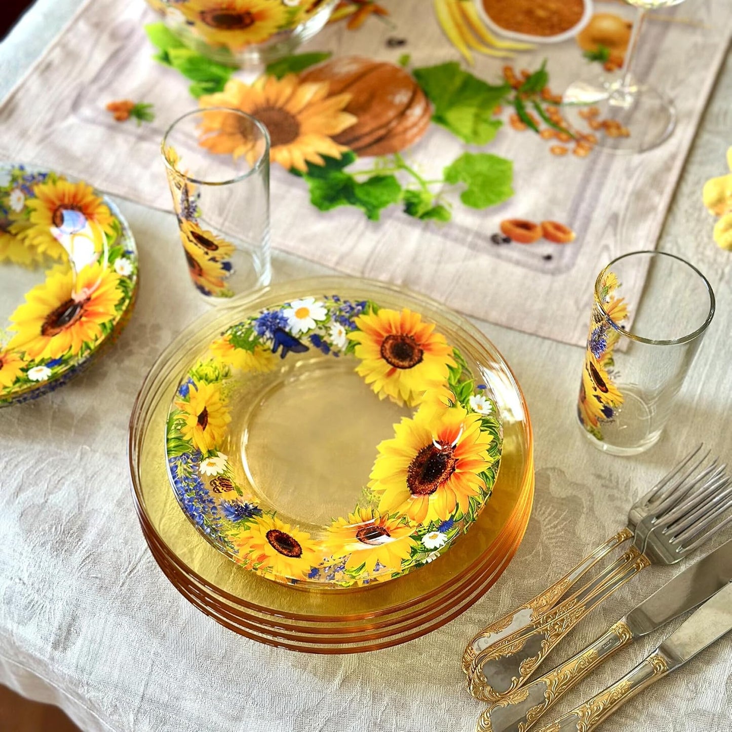 STP GOODS Glass Soup and Salad Bowl with Handles, Cobalt Transparent Glass Eating Plates, Circular Dinnerware for Salad, Bread, Dinner (Yellow Set of 4)