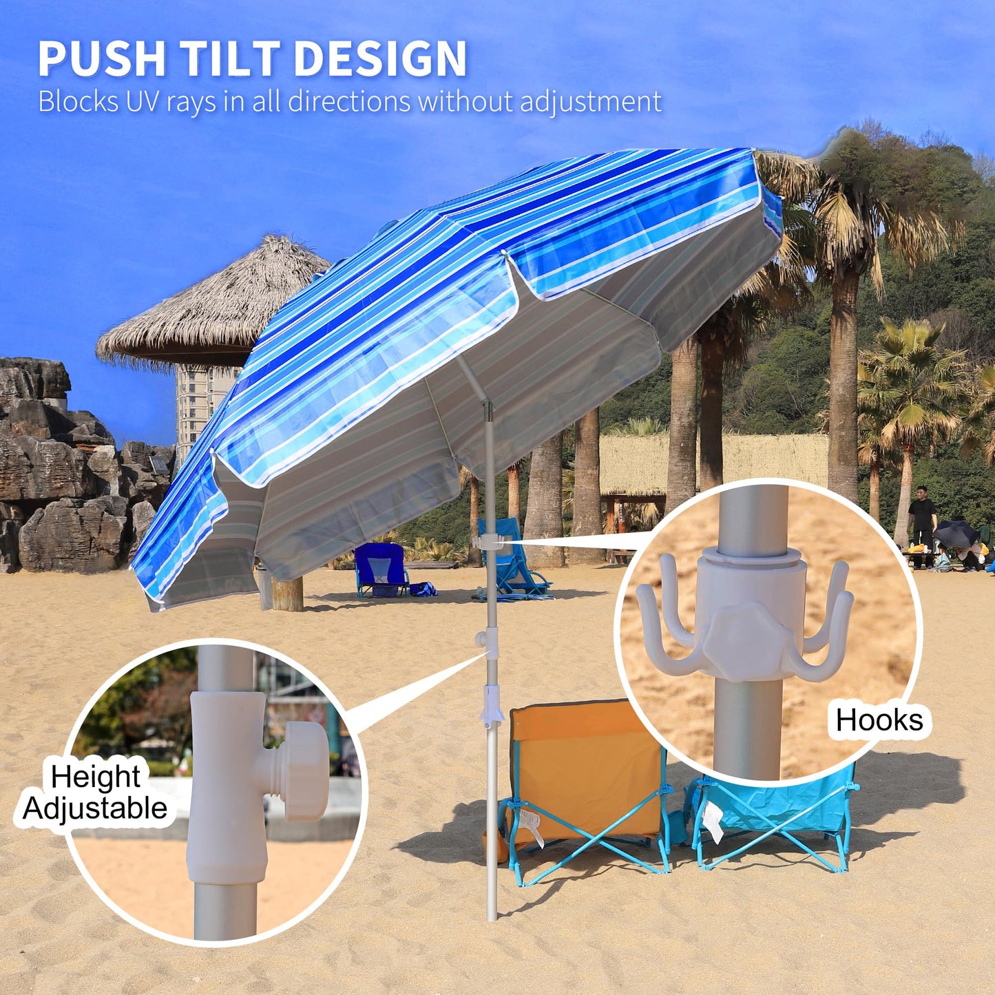 LANMOUNTAIN 8ft Large Beach Umbrella,Heavy Duty Wind Resistant Portable Sun Shade w/Tilt Pole&Sand Anchor,Shoulder Carry Bag,UV 50+ Protection,Air Vents Design for Patio Garden Pool(Blue Stripe)