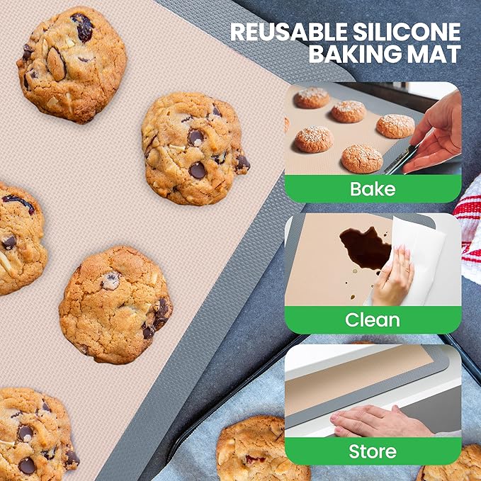 Nutrichef Silicone Baking Mats - 2 Non-stick Food-Grade Silicone Mats - Perfect for Full Baking Pans 24.4 x 16.5 IN - Oven-safe Up to 480 Degrees F - Suitable for Ovens, Freezers, & Dishwashers - Grey