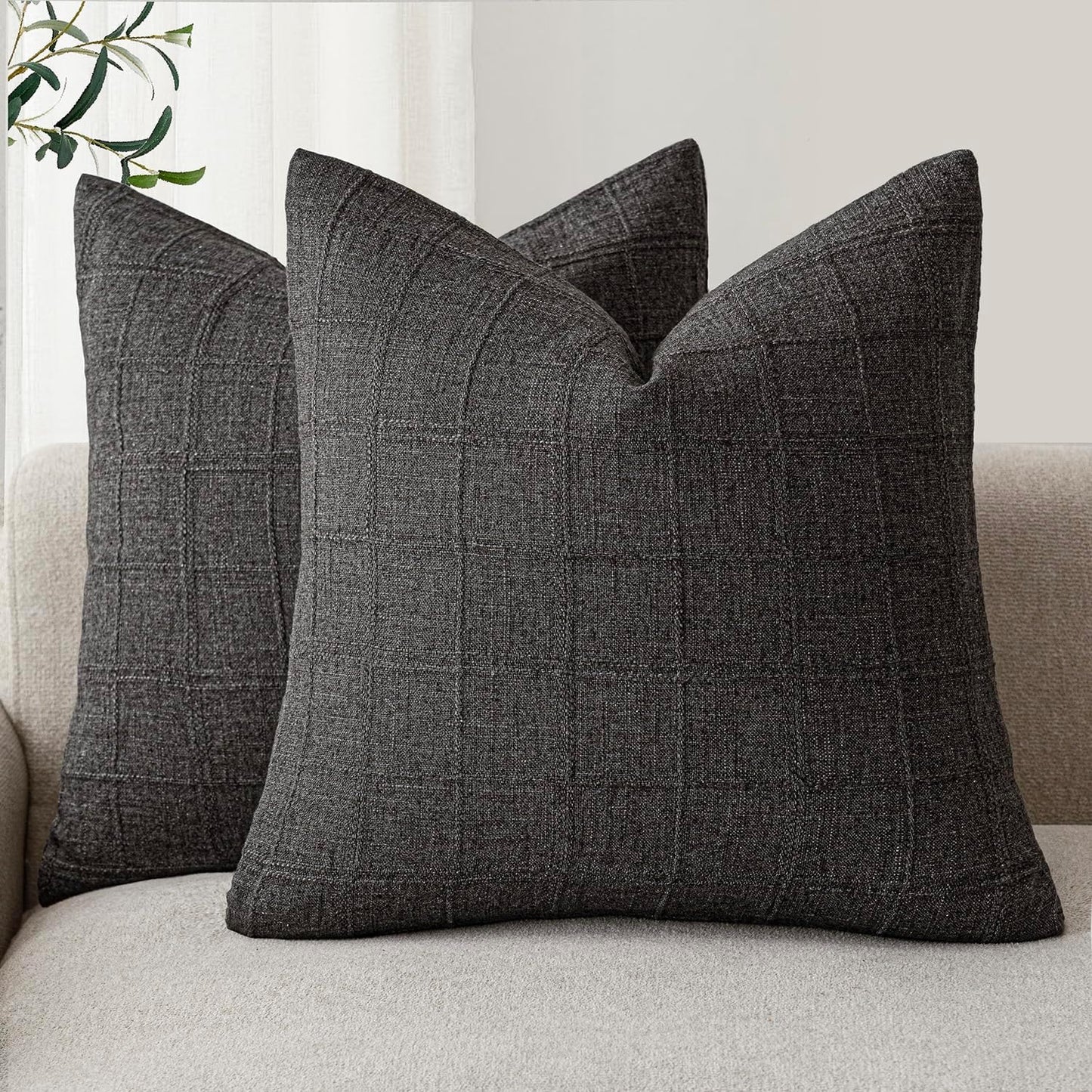 Foindtower Set of 2 Decorative Linen Check Throw Pillow Covers Neutral Farmhouse Vintage Cushion Covers Modern Boho Home Decor for Sofa Chair Couch Bedroom Living Room Outdoor,16×16 Inch,Charcoal