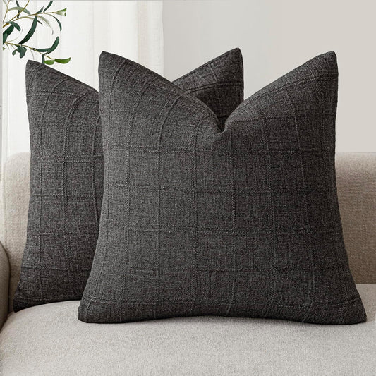 Foindtower Set of 2 Decorative Linen Check Throw Pillow Covers Neutral Farmhouse Vintage Cushion Covers Modern Boho Home Decor for Sofa Chair Couch Bedroom Living Room Outdoor,26×26 Inch,Charcoal