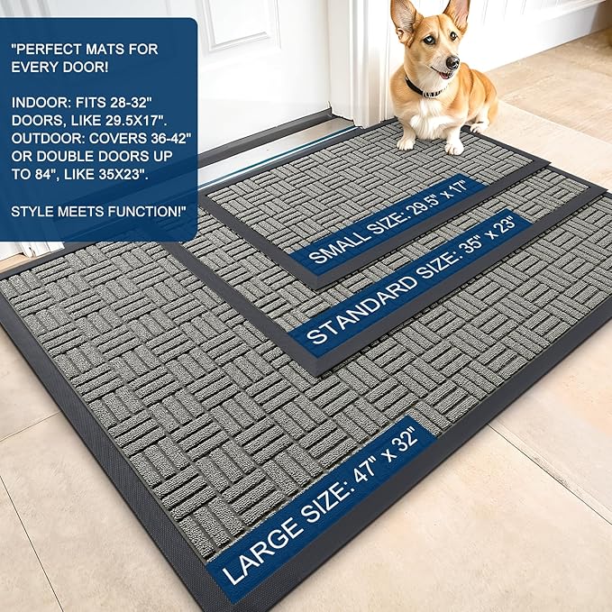 OLANLY Front Door Mat Outside Entrance 47x23, Absorbent, Heavy Duty Sturdy Natural Rubber Doormat Indoor Outdoor, Non-Slip, Stain and Fade Resistant, Low Profile Floor Mat for Entryway, Modern Gray
