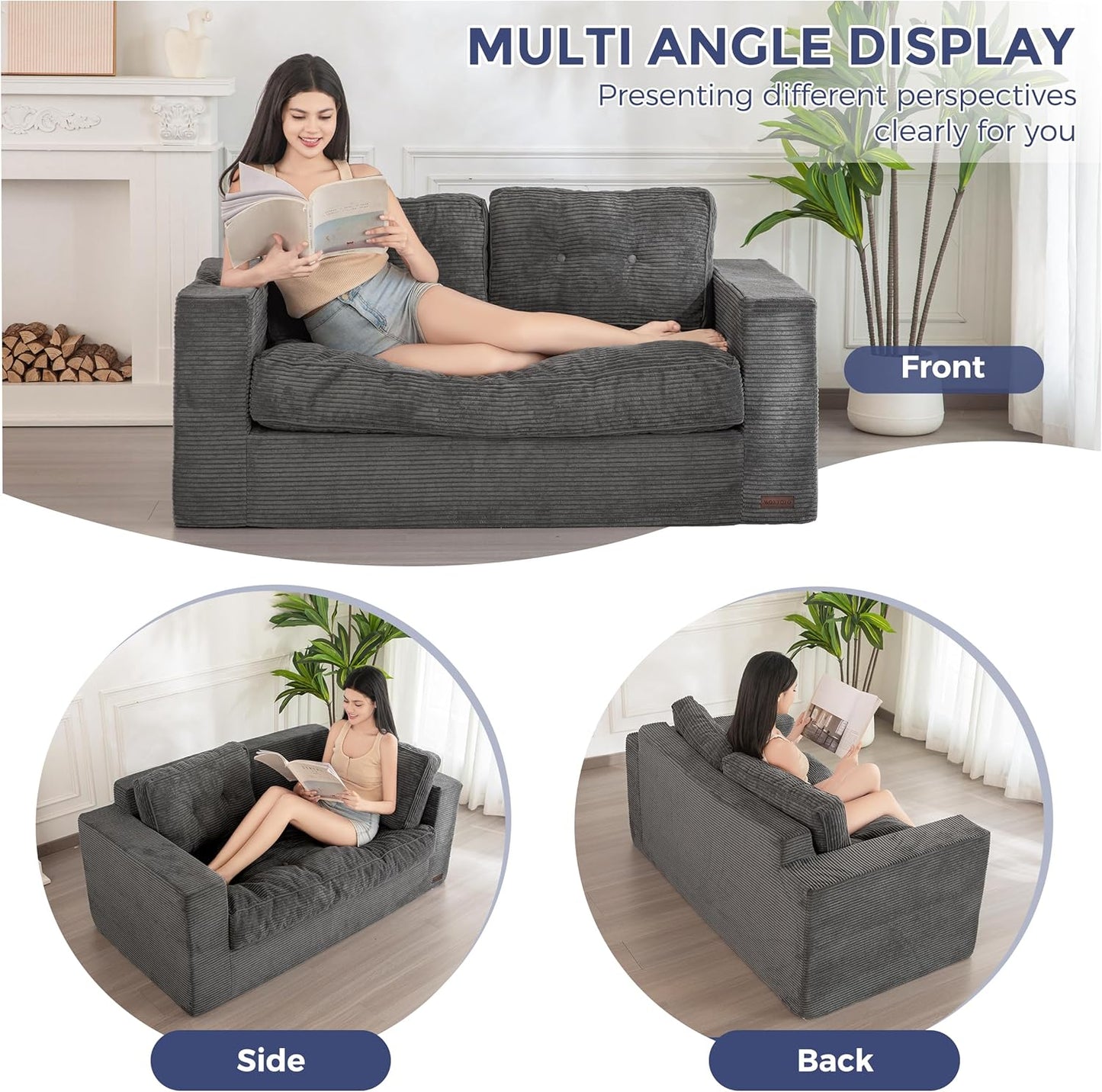 MAXYOYO Bean Bag Chair for Adults, Upholstered Floor Sofa with Armrests, Loveseat Boneless Couch with Tufted Cushion & Backrest, Sofa in A Box, Large Bean Bag Couch for Bedroom Living Room, Dark Grey