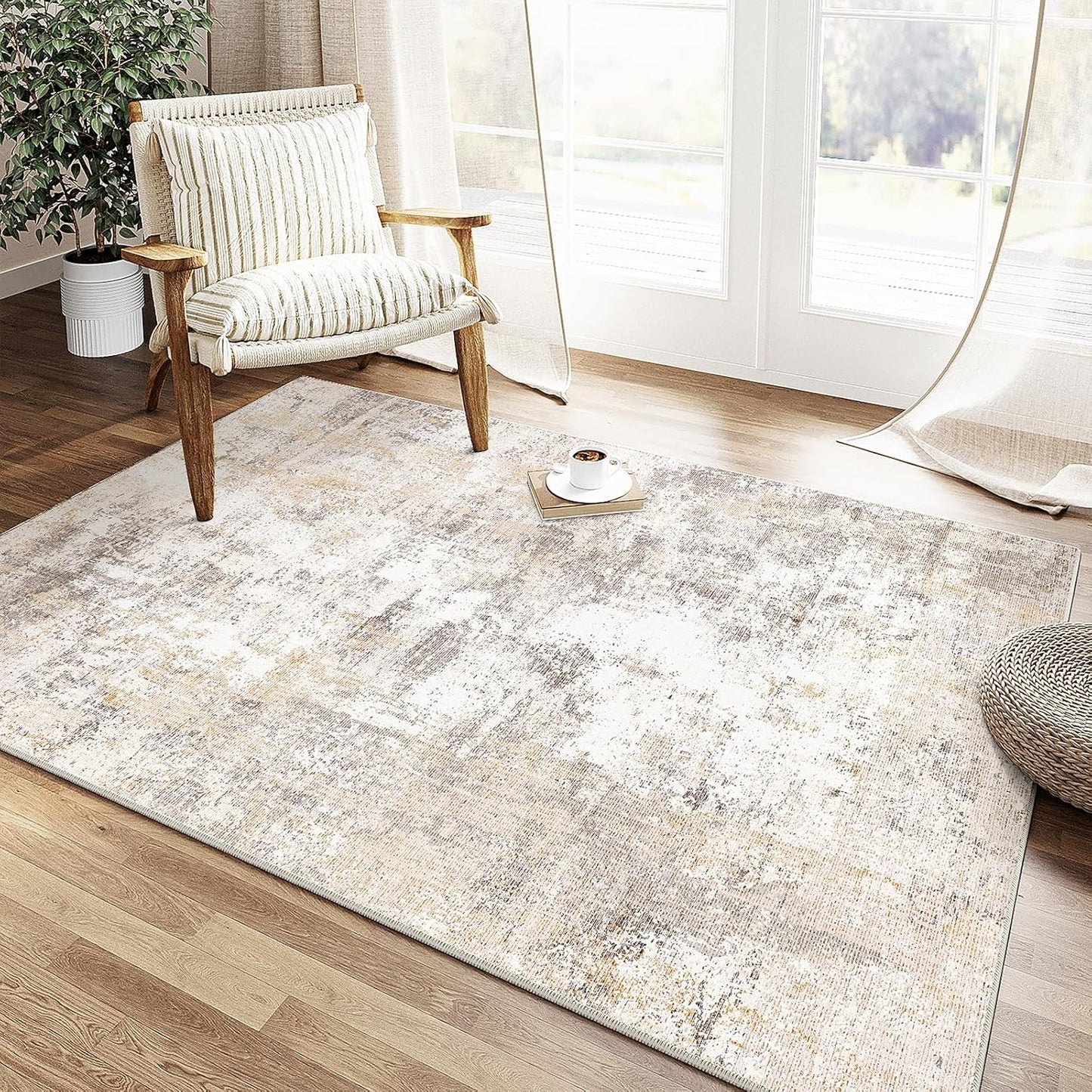4x6 Washable Area Rug Beige Grey Neutral Abstract Entryway Kitchen Non Slip Low Pile Throw Rug Living Room Bedroom Indoor Doormat Soft Carpet for Entrance Bathroom Office