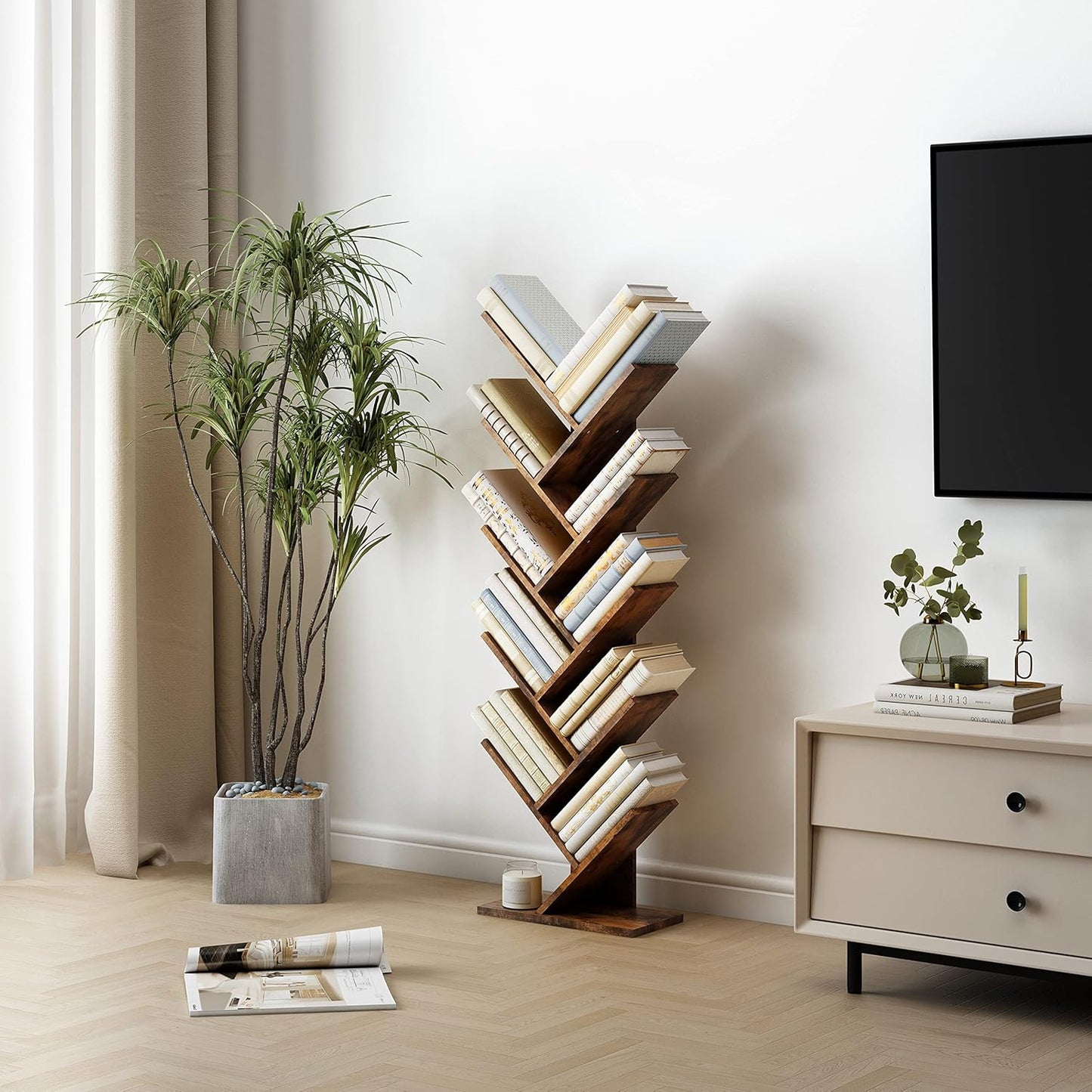 Hoctieon 10 Tier Tree Bookshelf, 10 Shelf Bookcase, Free Standing Tree Bookcase, Display Floor Standing Shelf for Books, Book Organizer Shelves for Home Office, Living Room, Bedroom, Rustic Brown