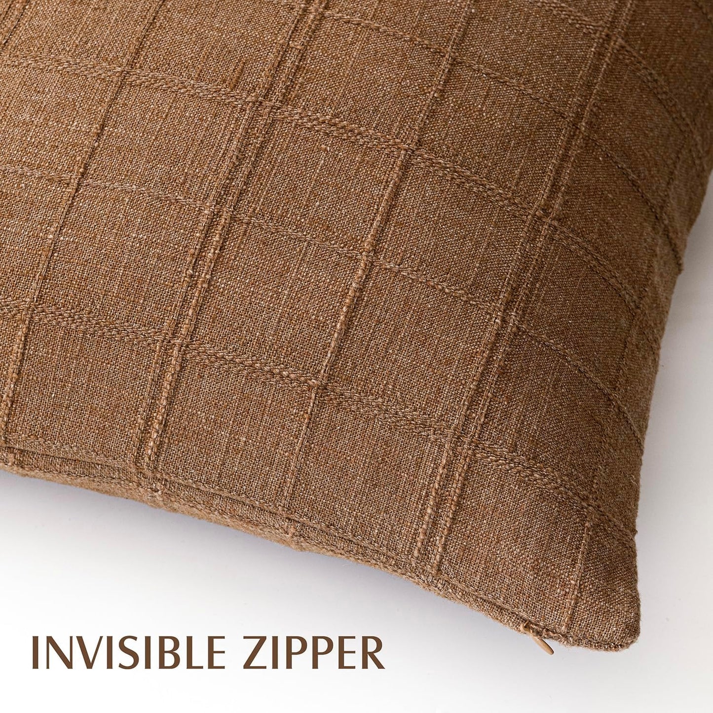 Foindtower Set of 2 Decorative Linen Check Throw Pillow Covers Neutral Farmhouse Vintage Cushion Covers Modern Boho Home Decor for Sofa Chair Couch Bedroom Living Room Outdoor,24×24 Inch,Brown Hazel