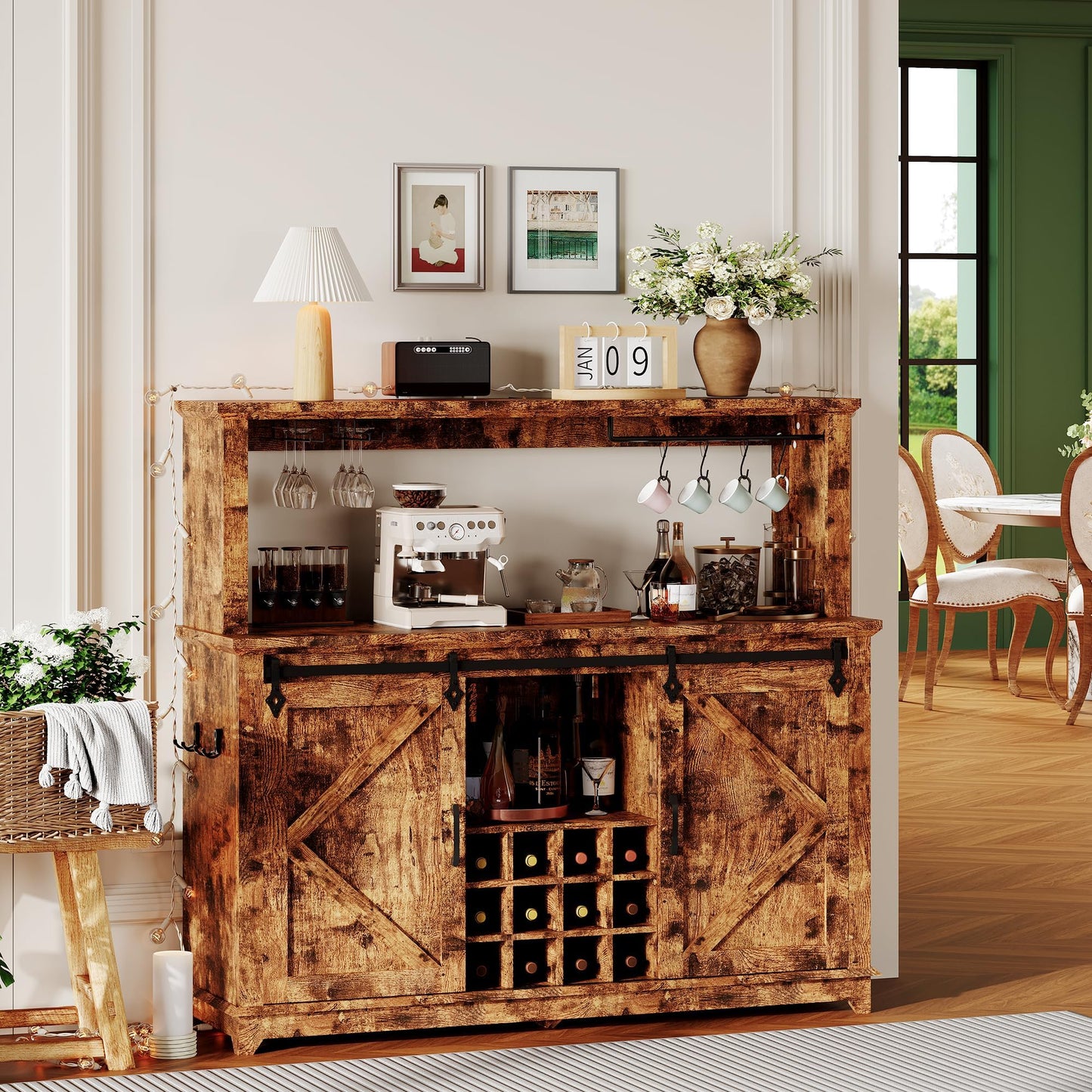 55 in Farmhouse Coffee Bar Cabinet with 3-Mode LED Light and Power Outlet - Large Kitchen Hutch with Sliding Barn Door - Wine Cabinets with Storage Drawers and Wine Glass Rack for Home and Living Rome