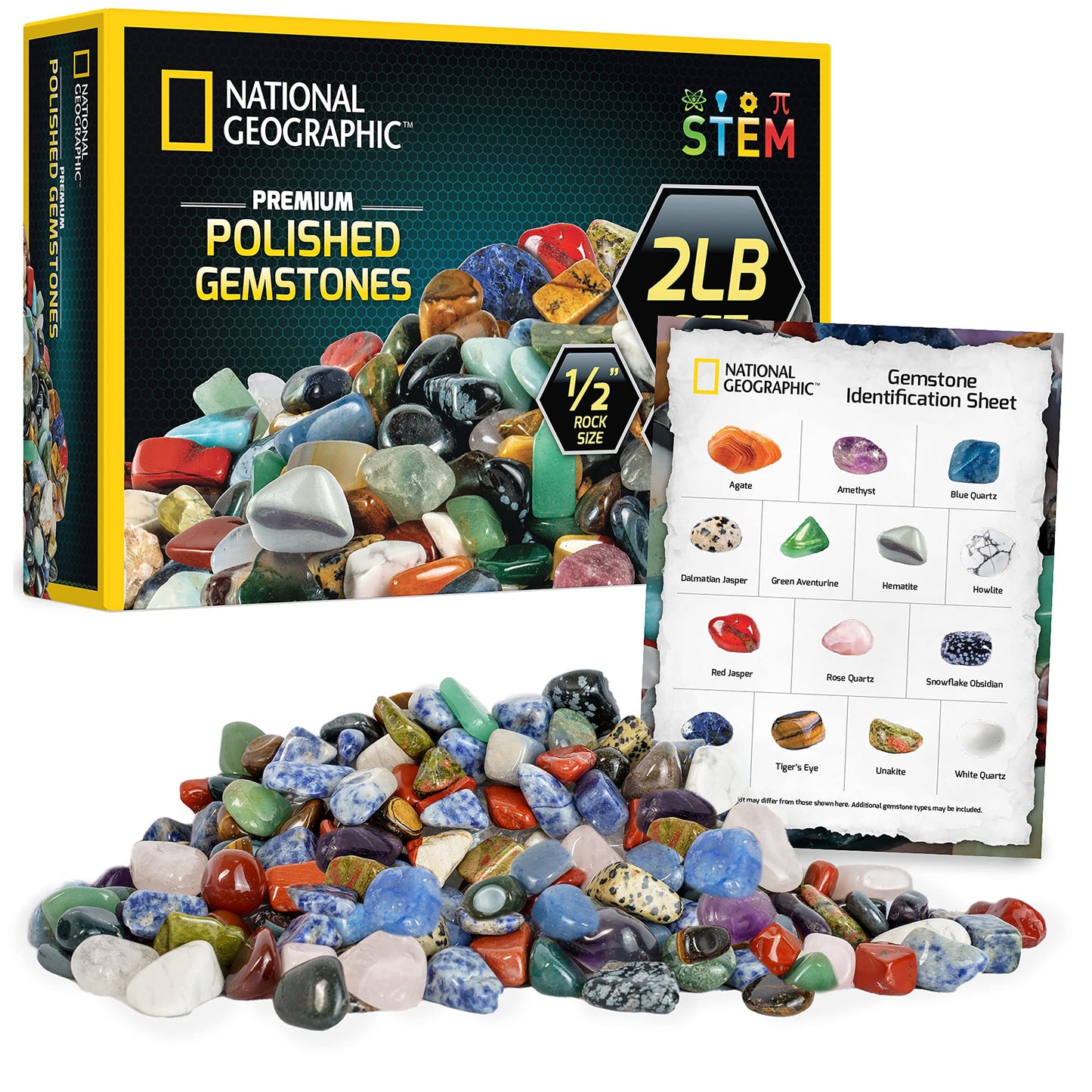National Geographic Premium Polished Stones - 2 Pounds of 1/2-Inch Tumbled Stones and Crystals Bulk, 4500+ Carats, Rock and Mineral Kit, Rocks for Kids, STEM Toys