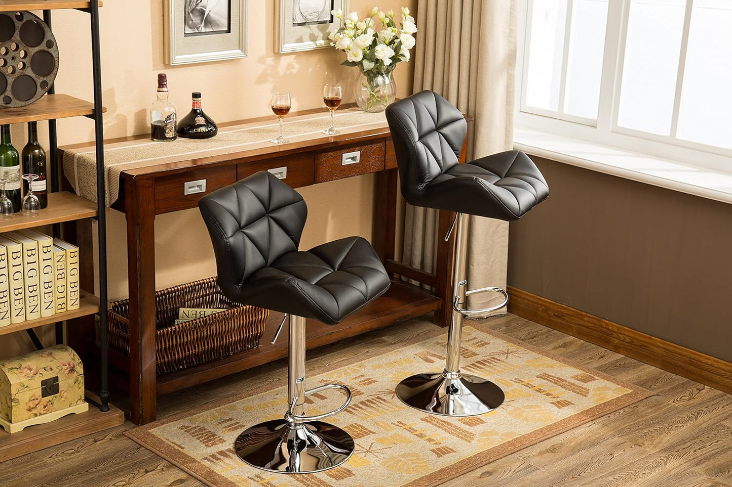 Roundhill Furniture Glasgow Contemporary Tufted Adjustable Height Hydraulic Black Bar Stools, Set of 2,