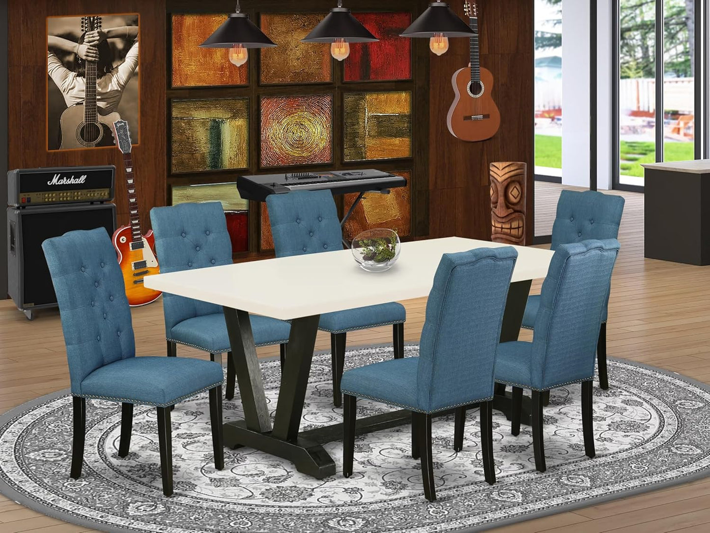 East West Furniture V627EL121-7 7 Piece Modern Dining Table Set Consist of a Rectangle Wooden Table with V-Legs and 6 Blue Linen Fabric Upholstered Chairs, 40x72 Inch, Multi-Color