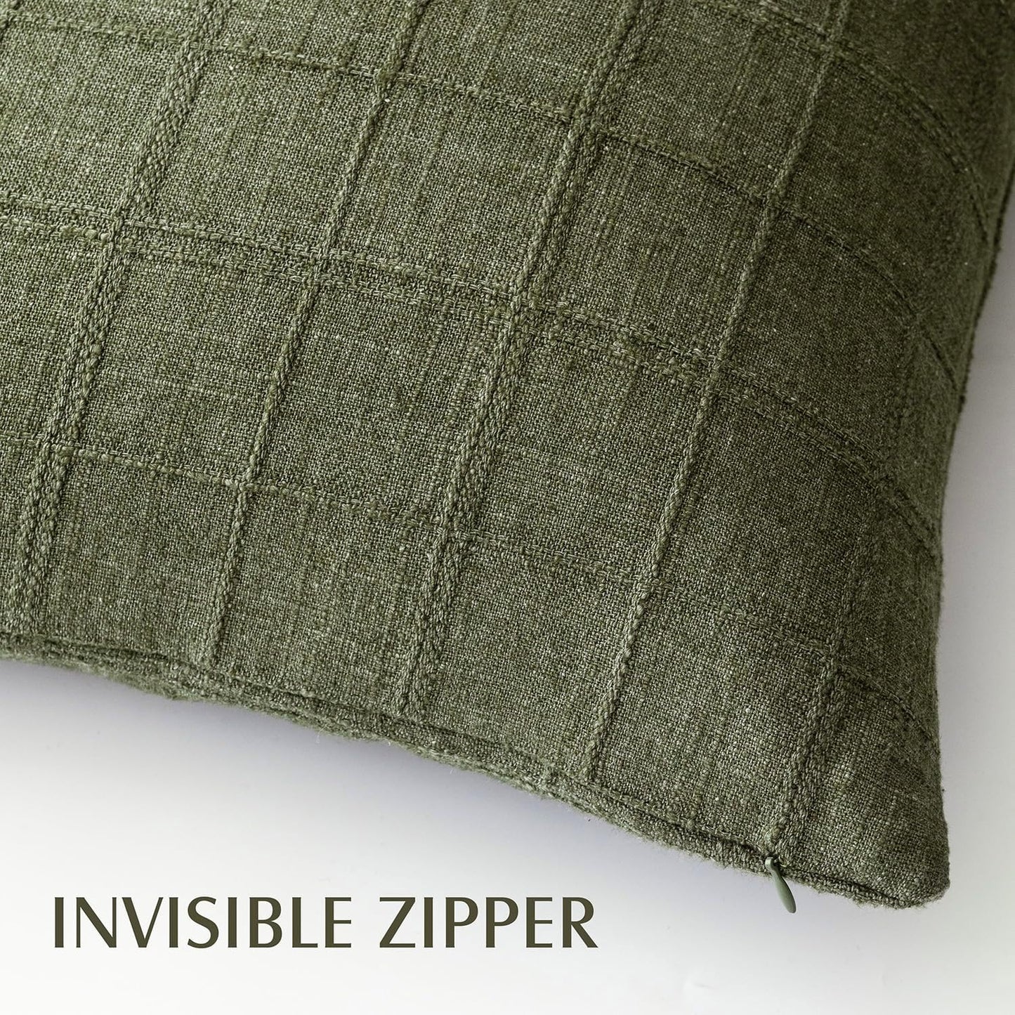Foindtower Set of 2 Decorative Linen Check Throw Pillow Covers Neutral Farmhouse Vintage Cushion Covers Modern Boho Home Decor for Sofa Chair Couch Bedroom Living Room Outdoor,16×16 Inch,Olive Green