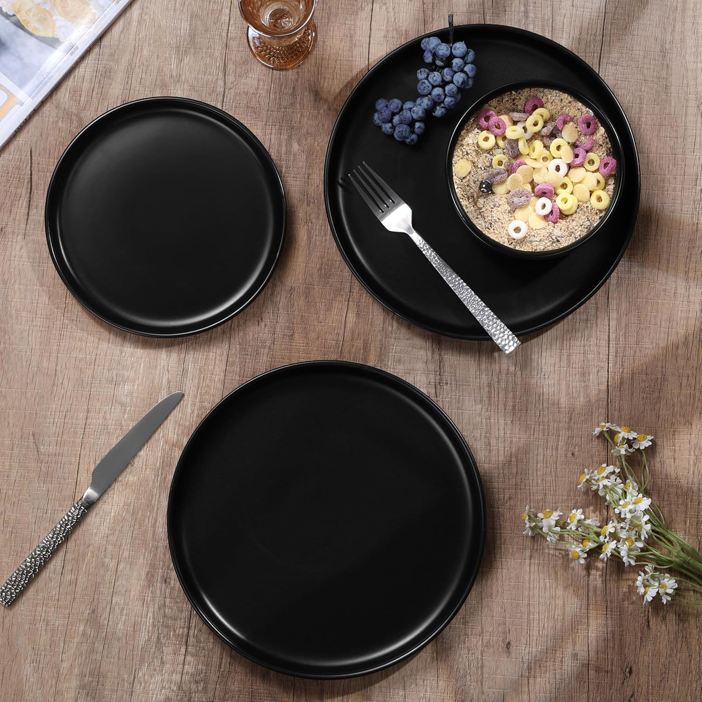 HaWare Stoneware Dinnerware Sets, 24-Piece Plates and Bowls Set for 8, Dishes Set for Home Restaurant, Frosting Black