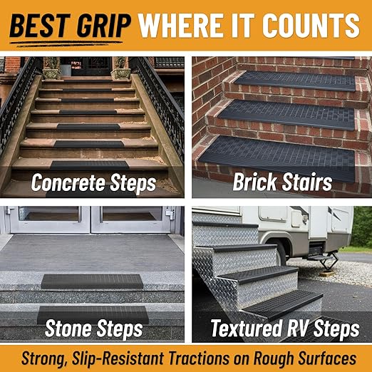 Ottomanson Outdoor Bullnose Stair Treads – Grid Heavy-Duty Non Slip Stair Mats – Strong Grip for Concrete, Brick & Textured Steps – Requires Fastening on Wooden & RV Steps, Pack of 5