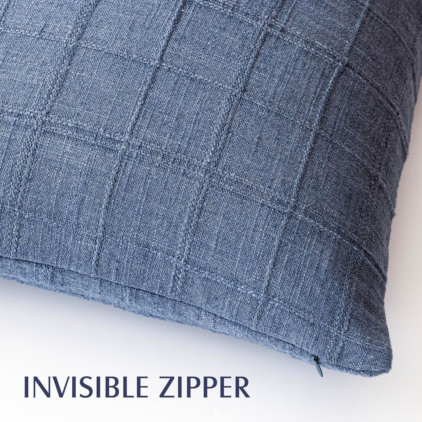 Foindtower Set of 2 Decorative Linen Check Throw Pillow Covers Neutral Farmhouse Vintage Cushion Covers Modern Coastal Boho Home Decor for Sofa Chair Couch Bedroom Living Room Outdoor,24×24 Inch,Blue