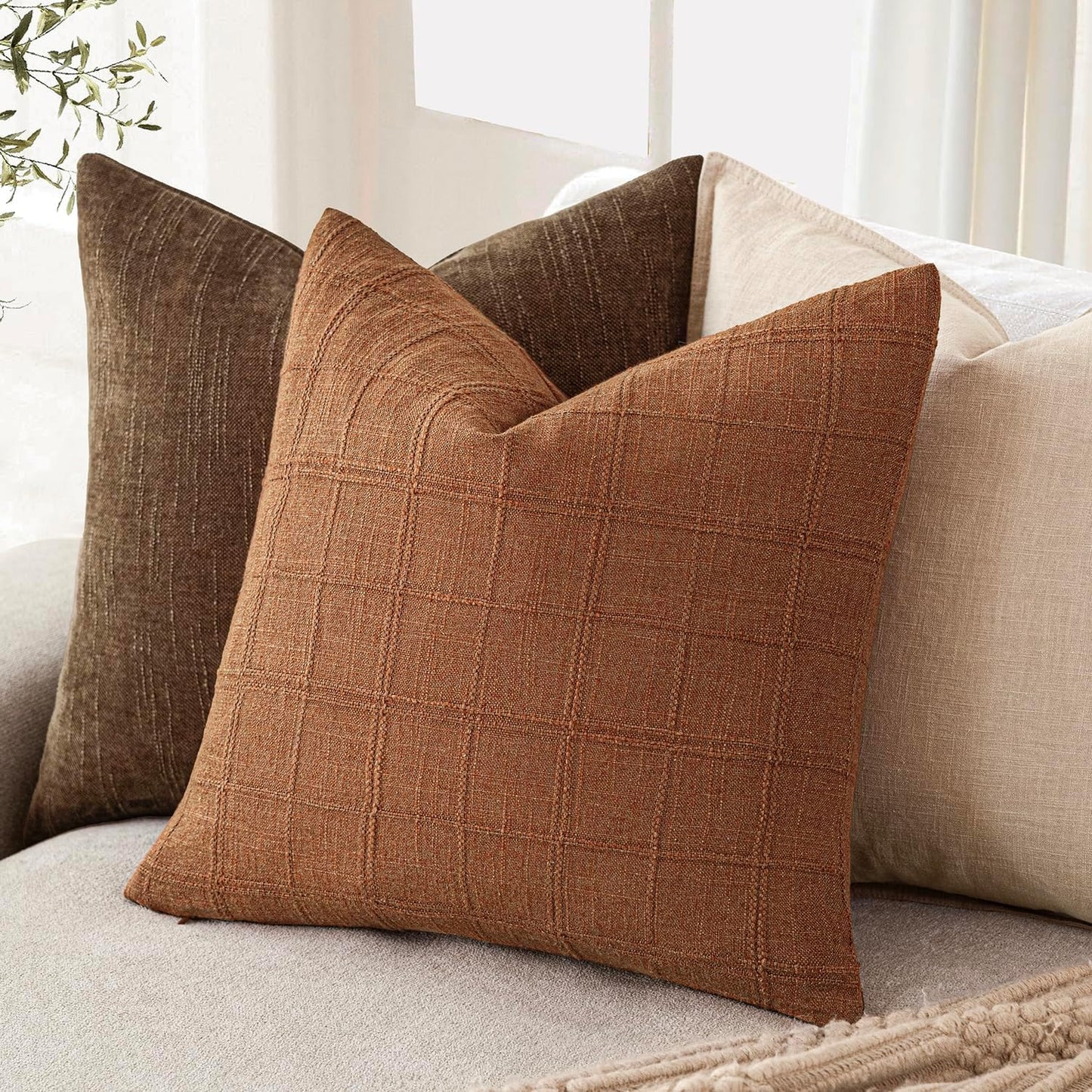 Foindtower Set of 2 Decorative Linen Check Throw Pillow Covers Neutral Farmhouse Vintage Cushion Covers Modern Boho Home Decor for Sofa Chair Couch Bedroom Living Room Outdoor,18×18 Inch,Orange