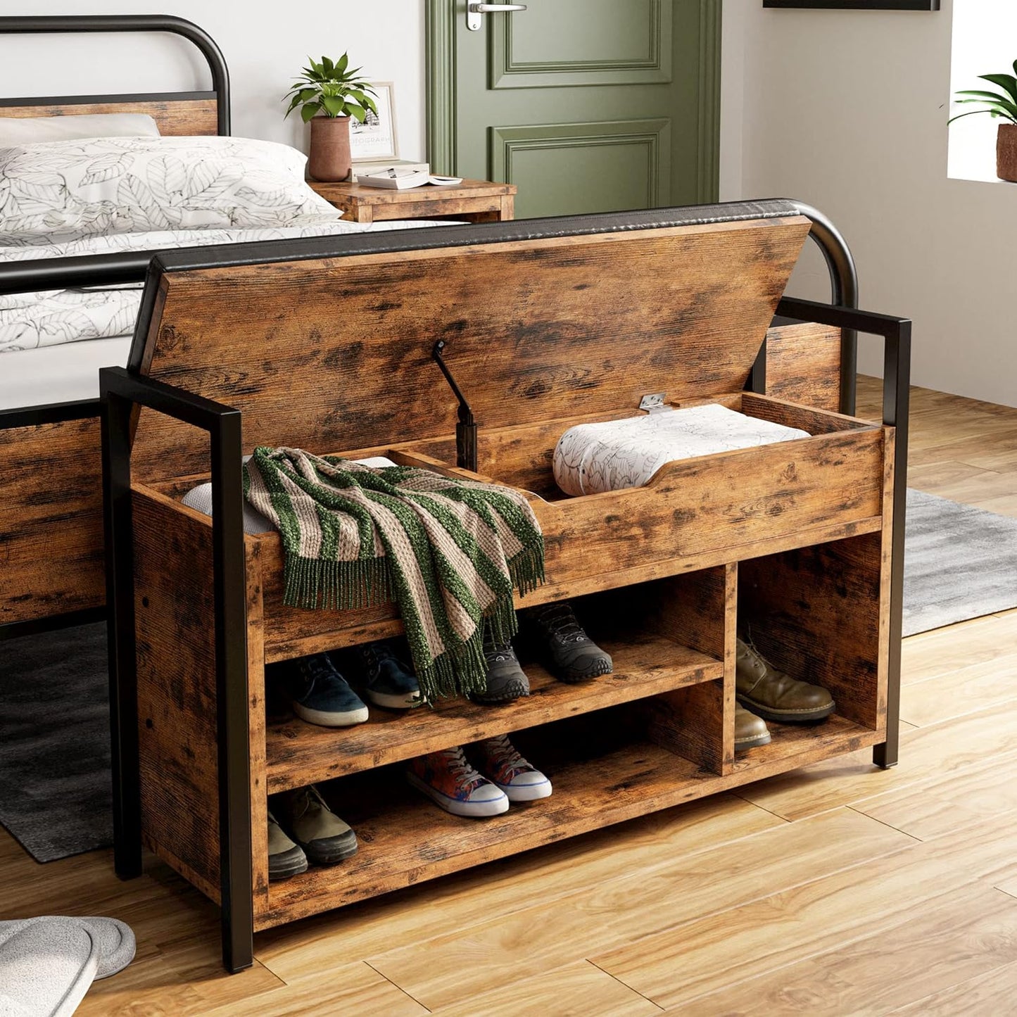 IRONCK Shoe Storage Bench, Entryway Bench with Lift Top Storage Box, Metal and Board Bench for Entryway, Two Tier Shoe Rack Organizer for Entryway, Hallway, Industrial, Vintage Brown