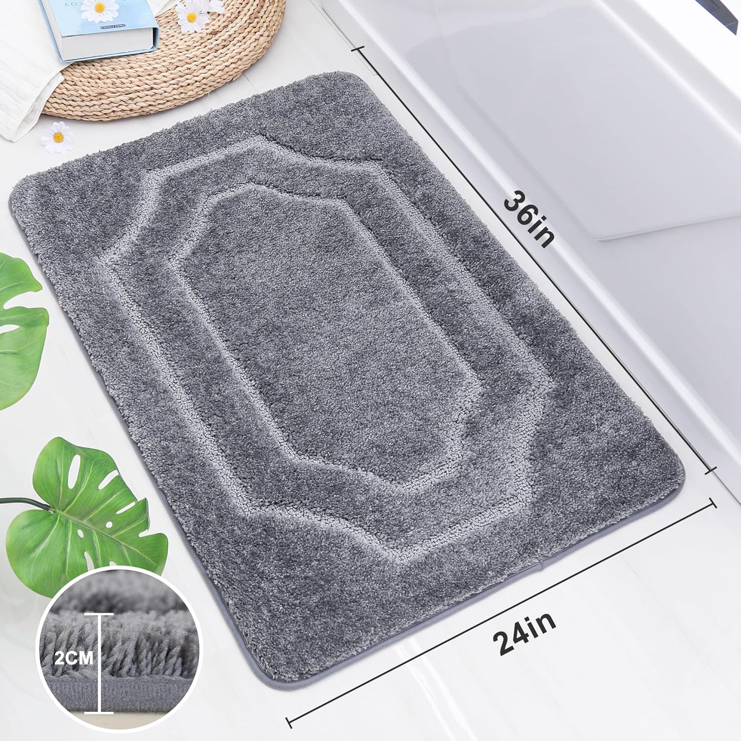 BEQHAUSE Bathroom Rugs - Soft Absorbent Non-Slip Bath Mats for Bath, Shower and Sink - Polyester Bath Mat - Machine Washable - Grey Thick Shower Mat, 24"x36"