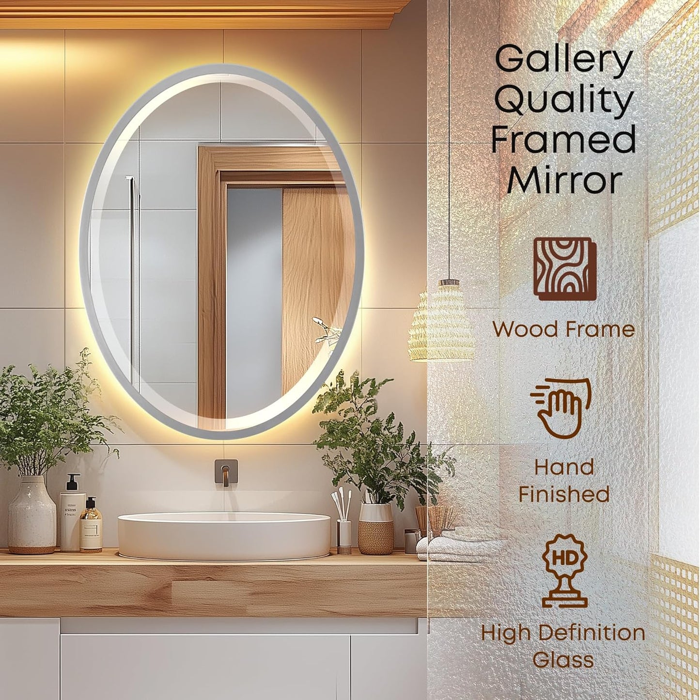 OVALCREST - Oval Wooden Beveled Wall Mirror for Home Decor, Bathroom, Vanity, Bedroom, Living Room, Hallway - London Style (Silver Spray) 21.1 x 31.1