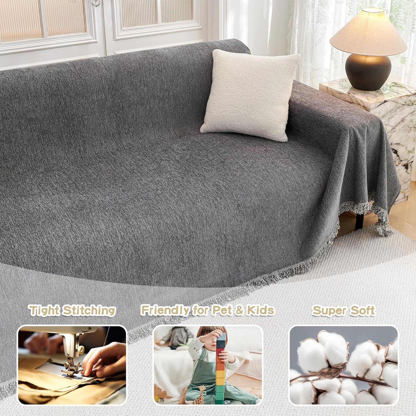 MYSKY HOME Couch Cover for Sofa Couch Covers for Pets, Non Slip Dogs Furniture Protector with Tassels for Living Room Non Slip Washable Furniture Protector Cover for Pet, Cat, 91"x118", Dark Grey