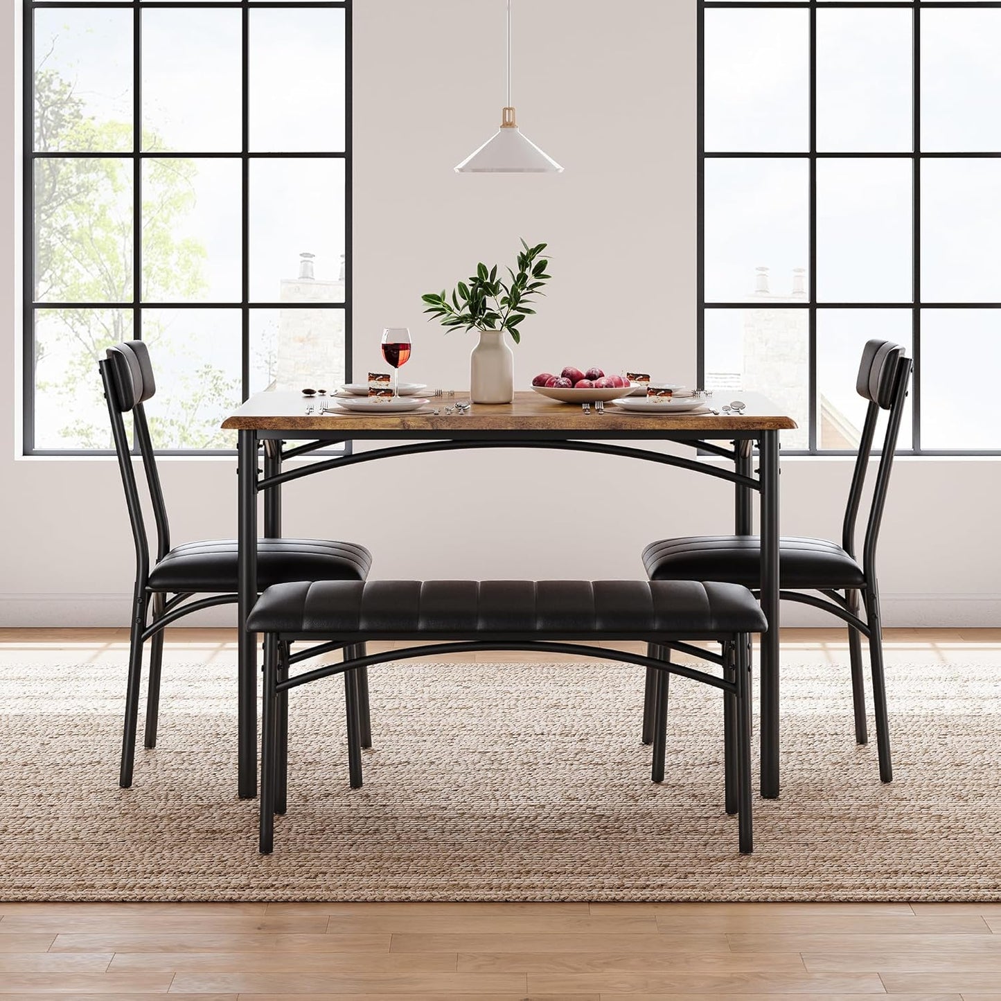 Garvee Dining Table Set for 4, Kitchen Table with Upholstered Bench and 2 Chairs, 4-Piece Wooden Dining Table Set for Apartment, Dining Room, Small Space, Brown