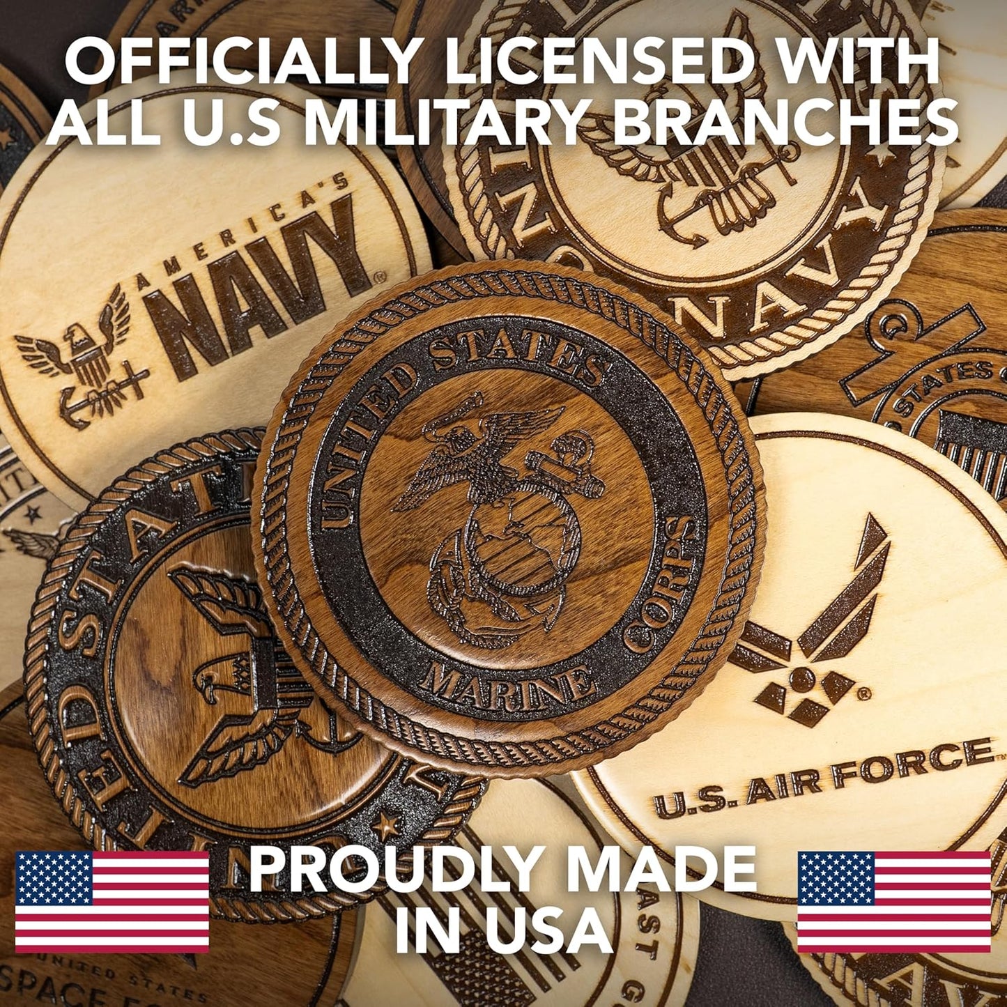LazerEdge U.S. Marines Wooden Coaster Set – Cherry Wood – Handcrafted Collectible 4-Pack | Made in USA | Officially Licensed Product (Marines)