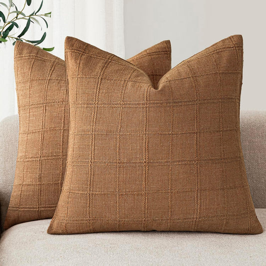 Foindtower Set of 2 Decorative Linen Check Throw Pillow Covers Neutral Farmhouse Vintage Cushion Covers Modern Boho Home Decor for Sofa Chair Couch Bedroom Living Room Outdoor,26×26 Inch,Brick