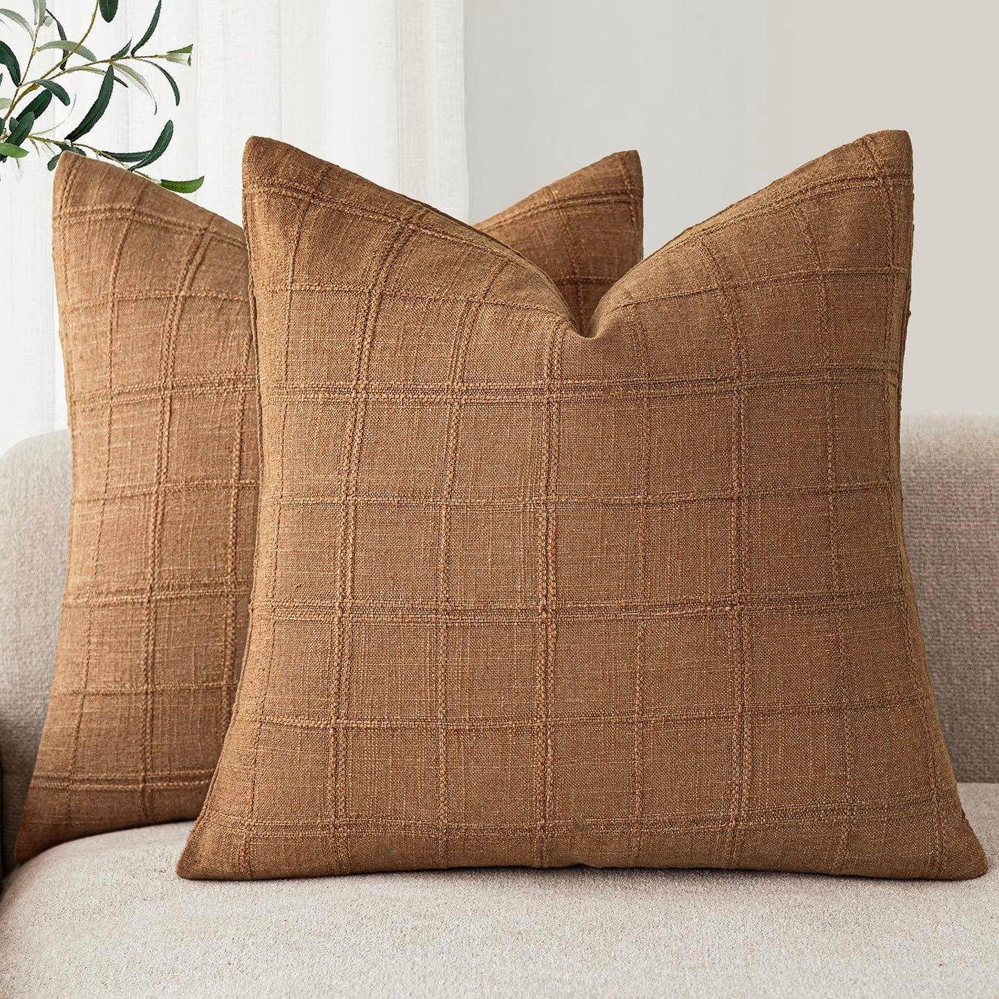 Foindtower Set of 2 Decorative Linen Check Throw Pillow Covers Neutral Farmhouse Vintage Cushion Covers Modern Boho Home Decor for Sofa Chair Couch Bedroom Living Room Outdoor,16×16 Inch,Brick