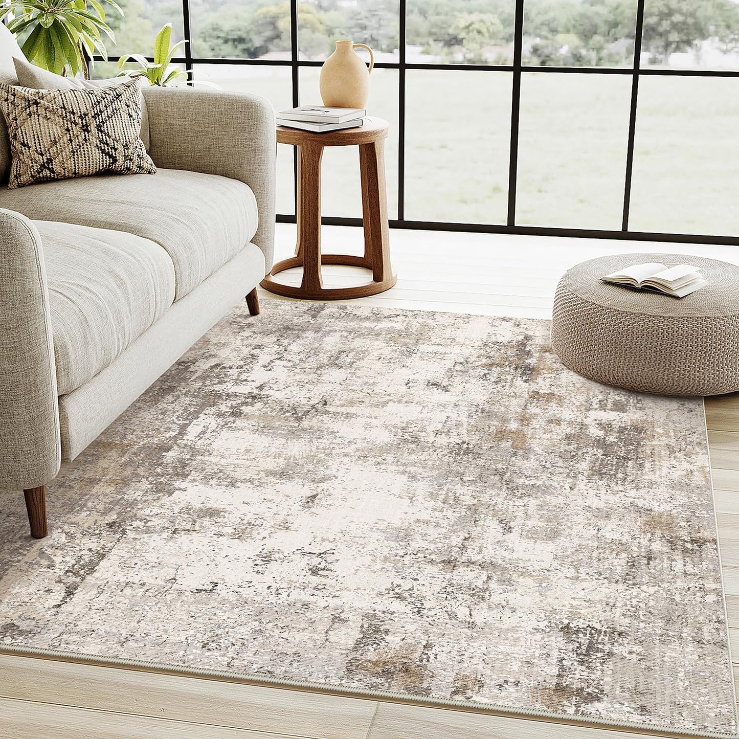 3x5 Washable Area Rug Brown Grey Neutral Abstract Entryway Kitchen Non Slip Low Pile Throw Rug Living Room Bedroom Indoor Doormat Small Soft Carpet for Entrance Bathroom