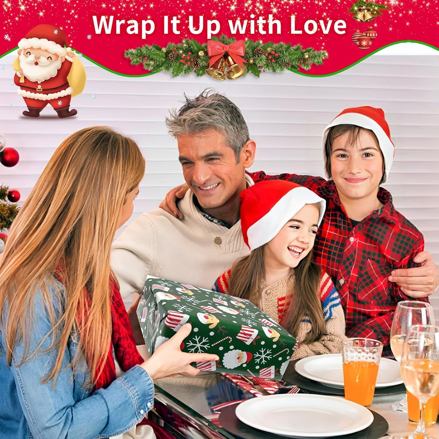 Novnsoi Christmas Wrapping Paper for Gifts (4 Rolls: 148 sq. ft. ttl) Funny Candy Cane Santas, Reindeer, Christmas Tree, Snowflakes - 30 inches x 14.8 feet Per Roll