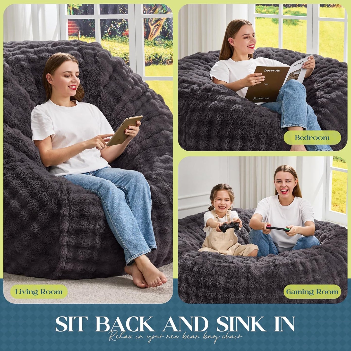 Hobestluk Bean Bag Chairs 3ft Beanbag Chair with Filler Adult Bean Bags with Fluffy & Machine Washable Cover, Giant Bean Bag Chairs for Adults (Dark Grey, 3FT-36" x 36" x 22")