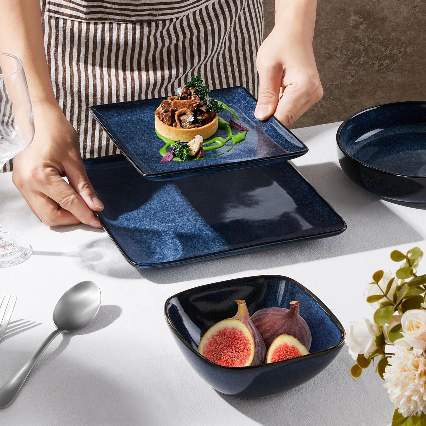 E-far Square Plates and Bowls Sets, 12-Piece Stoneware Dinnerware Sets for 4, Reactive Glaze Dish Set, Chip and Scratch Resistant, Microwave and Dishwasher Safe, Deep Sea Blue