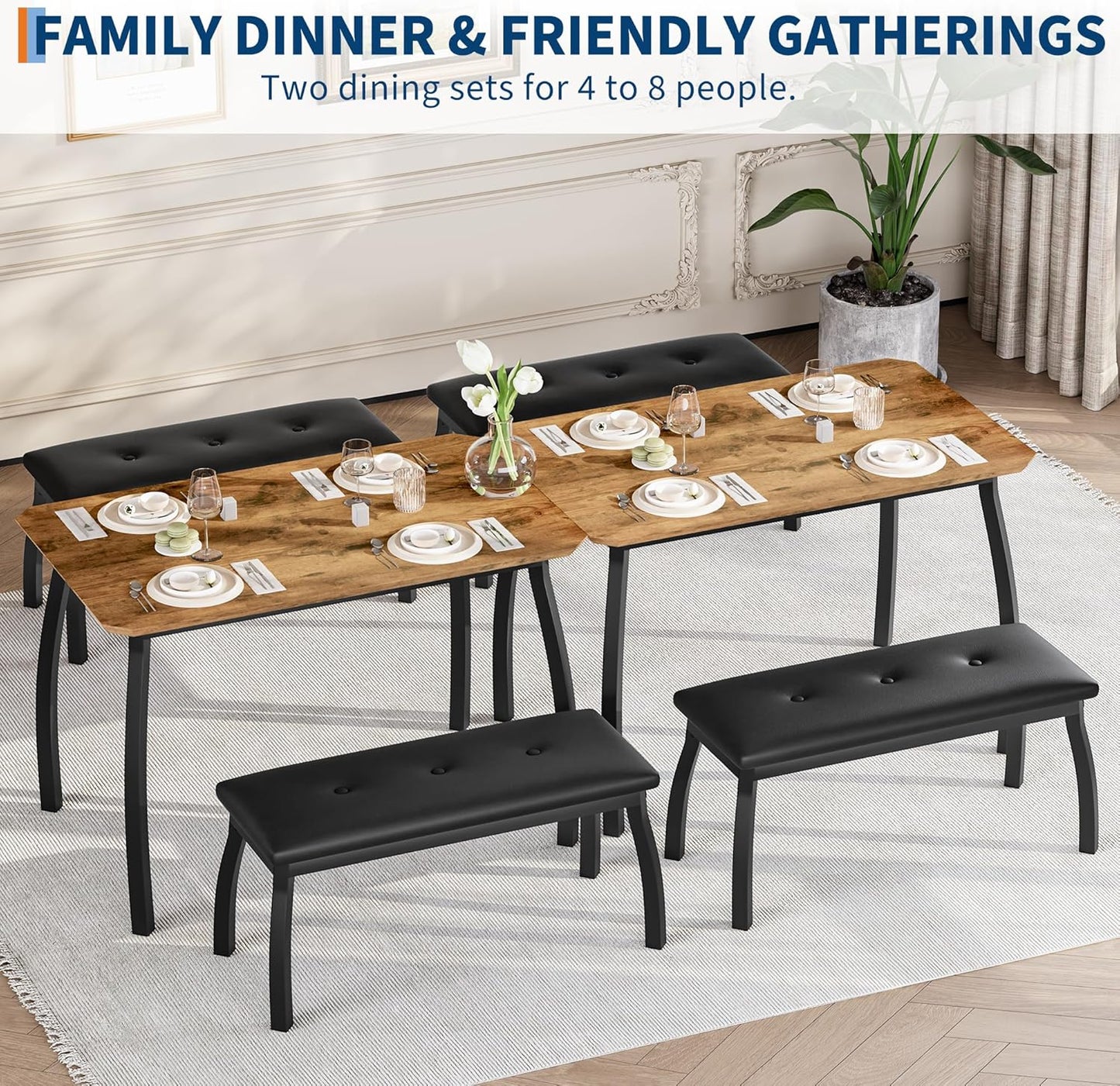 3 Piece Farmhouse Dining Table Set for 4, Compact Rustic Kitchen Table with 2 Padded Benches, Space Saving Breakfast Nook Furniture Set for Small Spaces, Apartments, Vintage