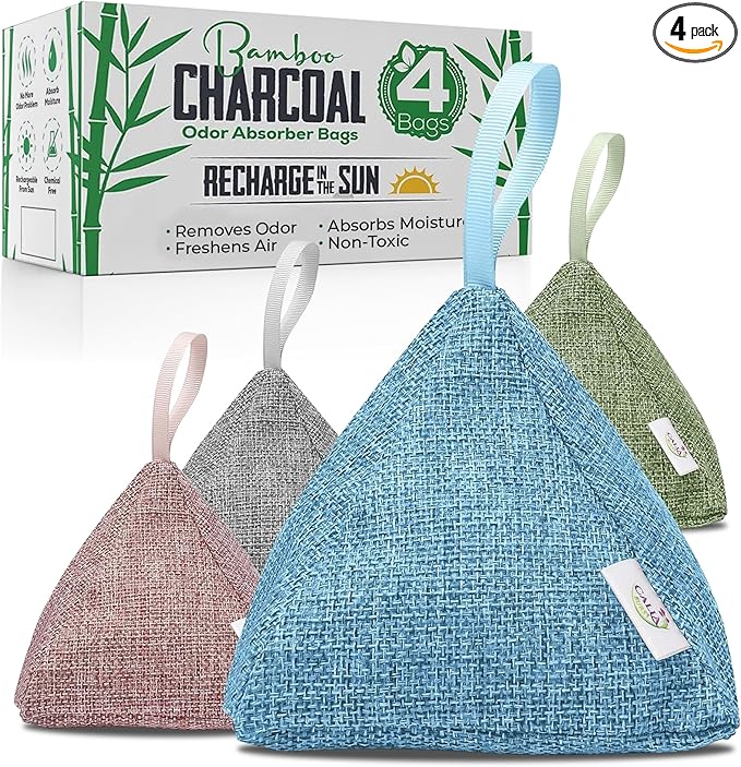4 Pack Bamboo Charcoal Air Purifier Bags 200 Grams Each - Activated Charcoal Odor Absorber for Car, Pets & Closet - Natural Freshener for Home, Eco-Friendly & Reusable Charcoal Bags (Designer Colors)