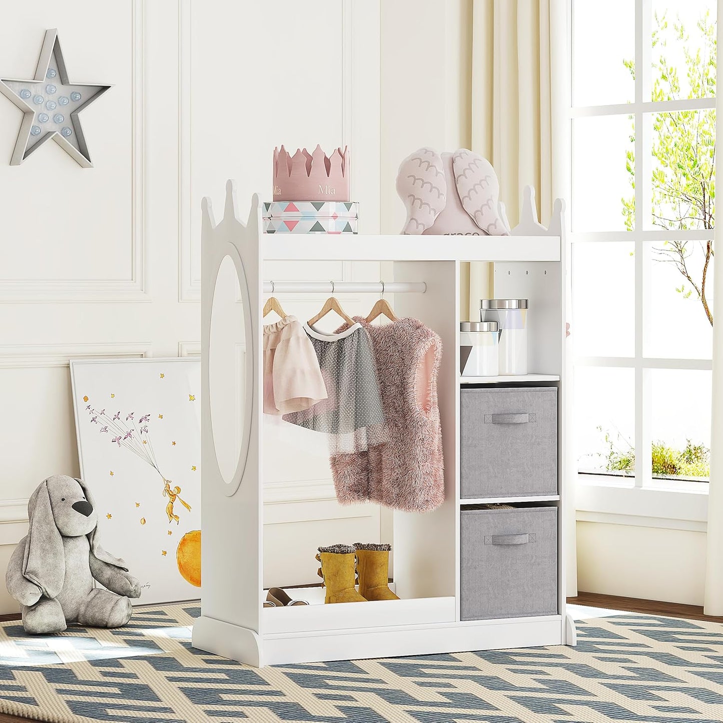 UTEX Kids Play Armoire with Mirror, Storage Bins and Closet for Dress Up and Costumes (White)
