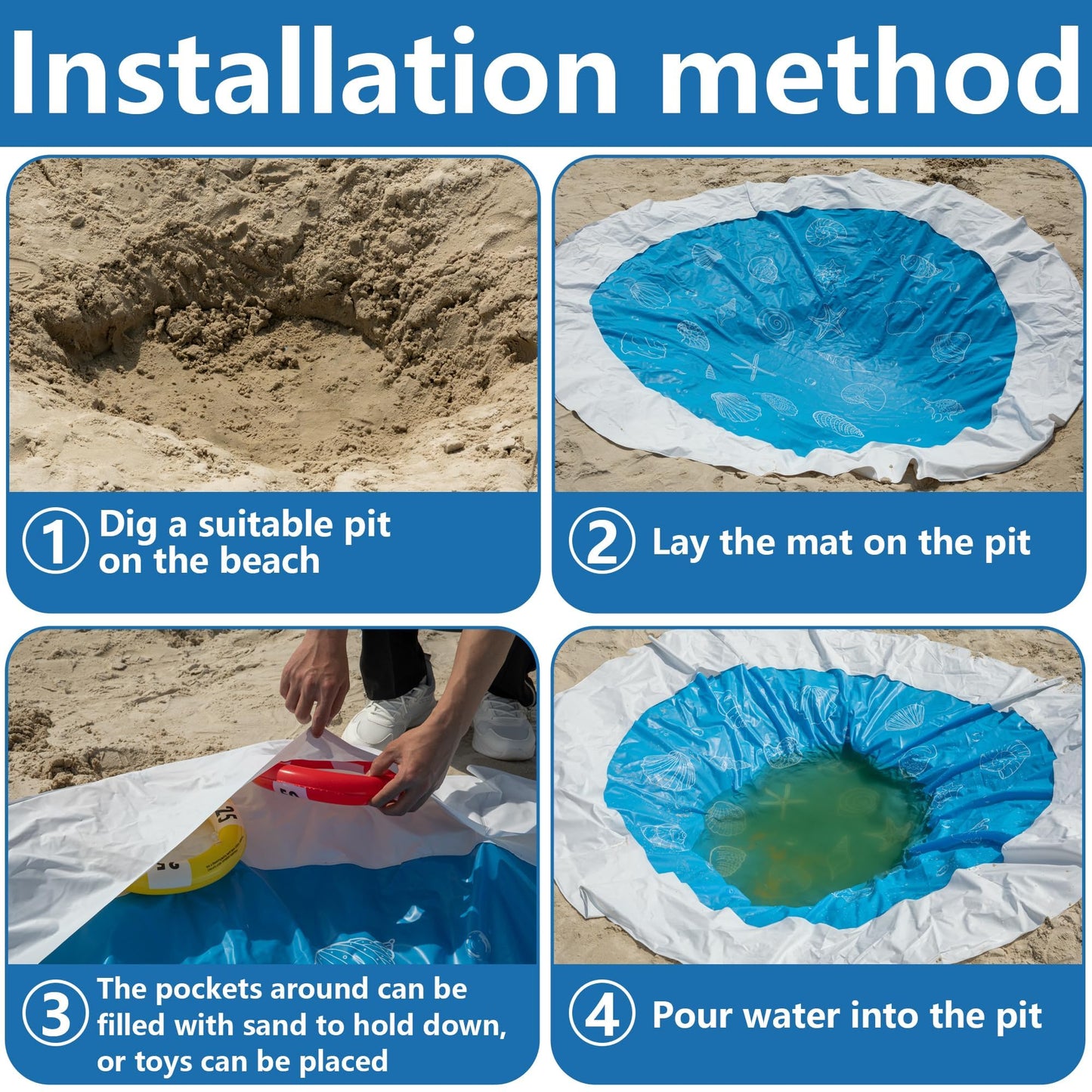 6.5 x 6.5 Feet Baby Beach Pool-Waterproof Kid Pool and Beach Blanket-2 in 1 PVC Toddler Paddling Pool for Infant Kids Boys and Girls