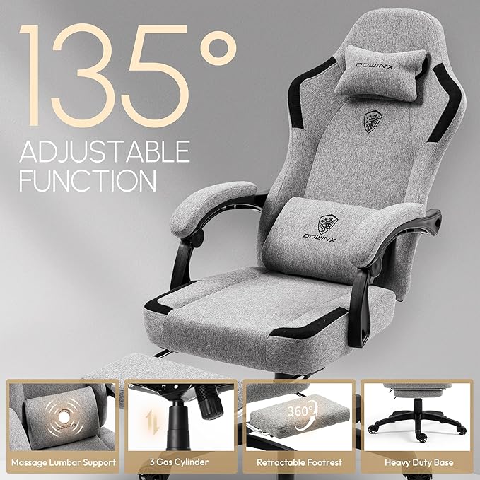 Dowinx Fabric Gaming Chair with Pocket Spring Cushion,Breathable Computer Chair with Massage Lumbar Support and Footrest,High Back Game Office Chair for Adult,Grey