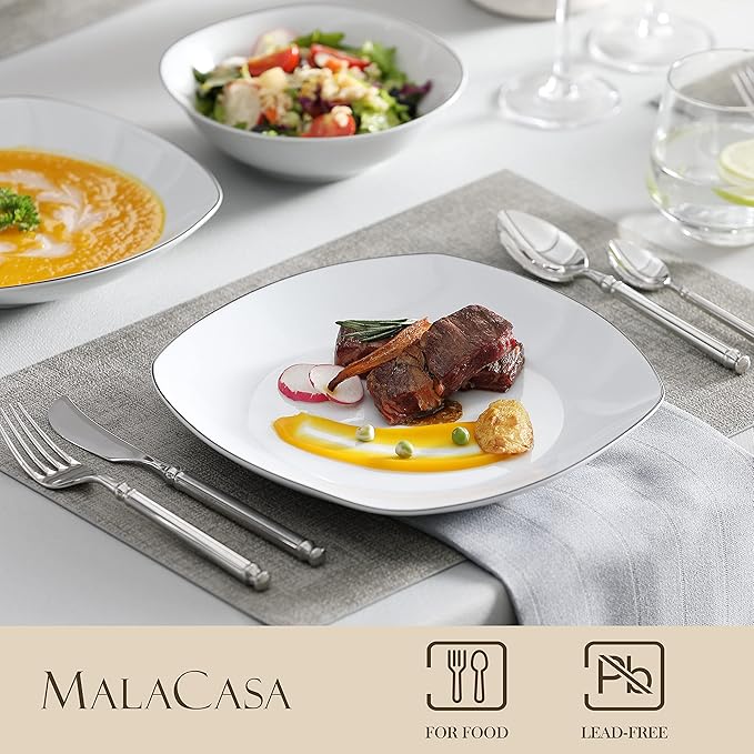 MALACASA Dinnerware Sets, 24 Piece Porcelain Square Dishes, White with Black Rim Plates and Bowls Sets, Ceramic Dish Set for 6, Chip Resistant Dishware Sets, Series ELISA