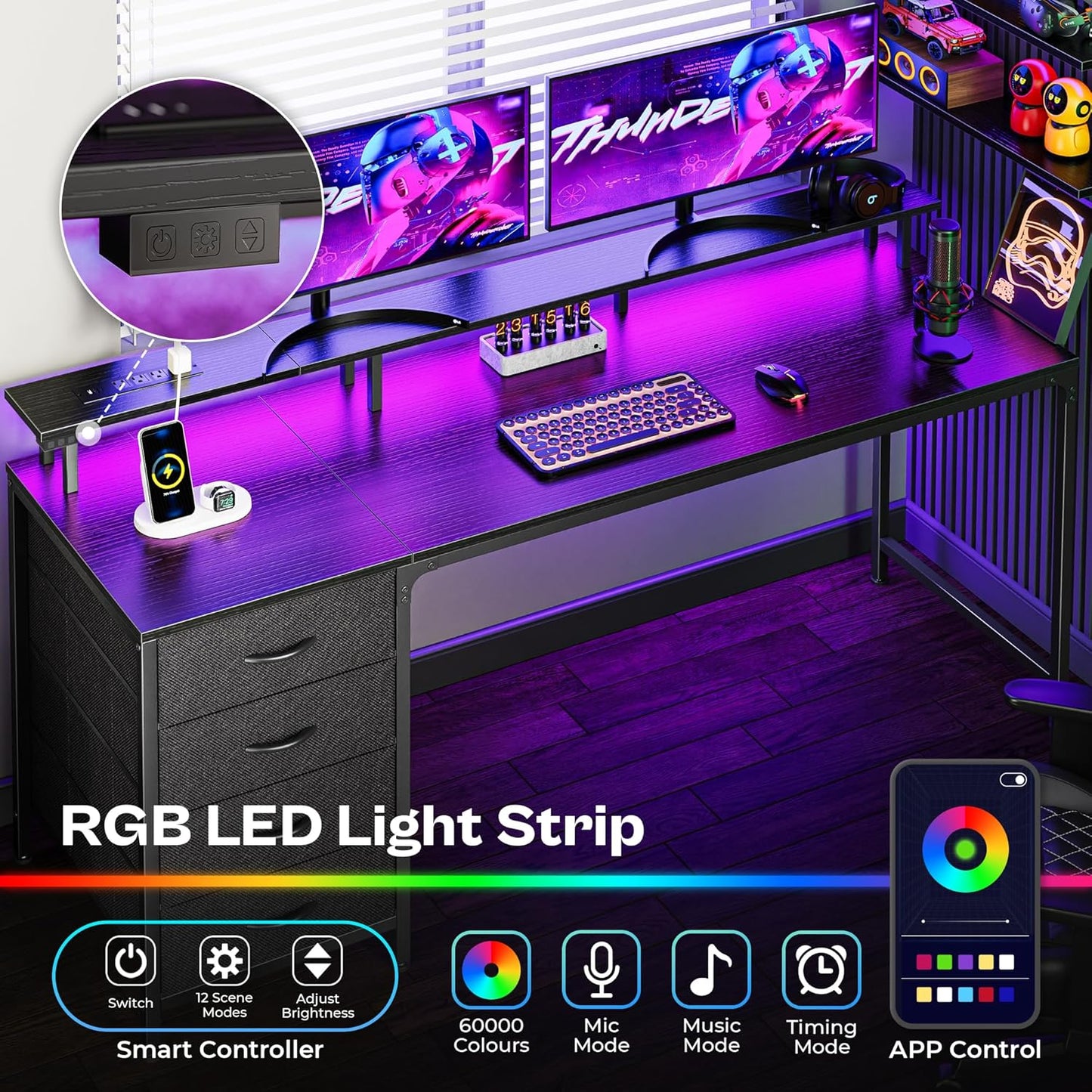 Huuger 63 Inch Computer Desk with Power Outlets and LED Lights, Gaming Desk with 4 Drawers, Office Desk with Monitor Stand, Study Desk Work Desk for Home Office, Black