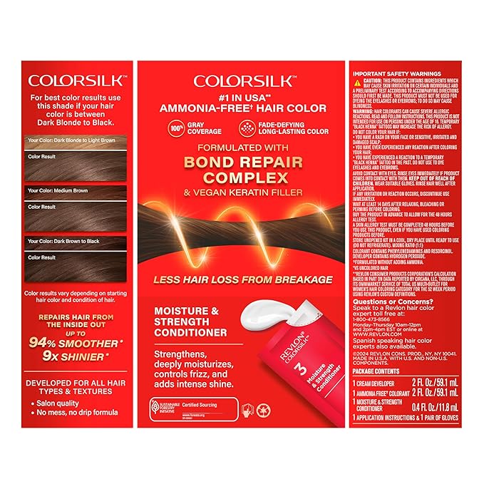 Revlon ColorSilk with Bond Repair Complex, Brown Permanent Hair Color, 100% Gray Coverage, Ammonia Free Hair Dye, Vegan Keratin, 41 Medium Brown (Pack of 3)