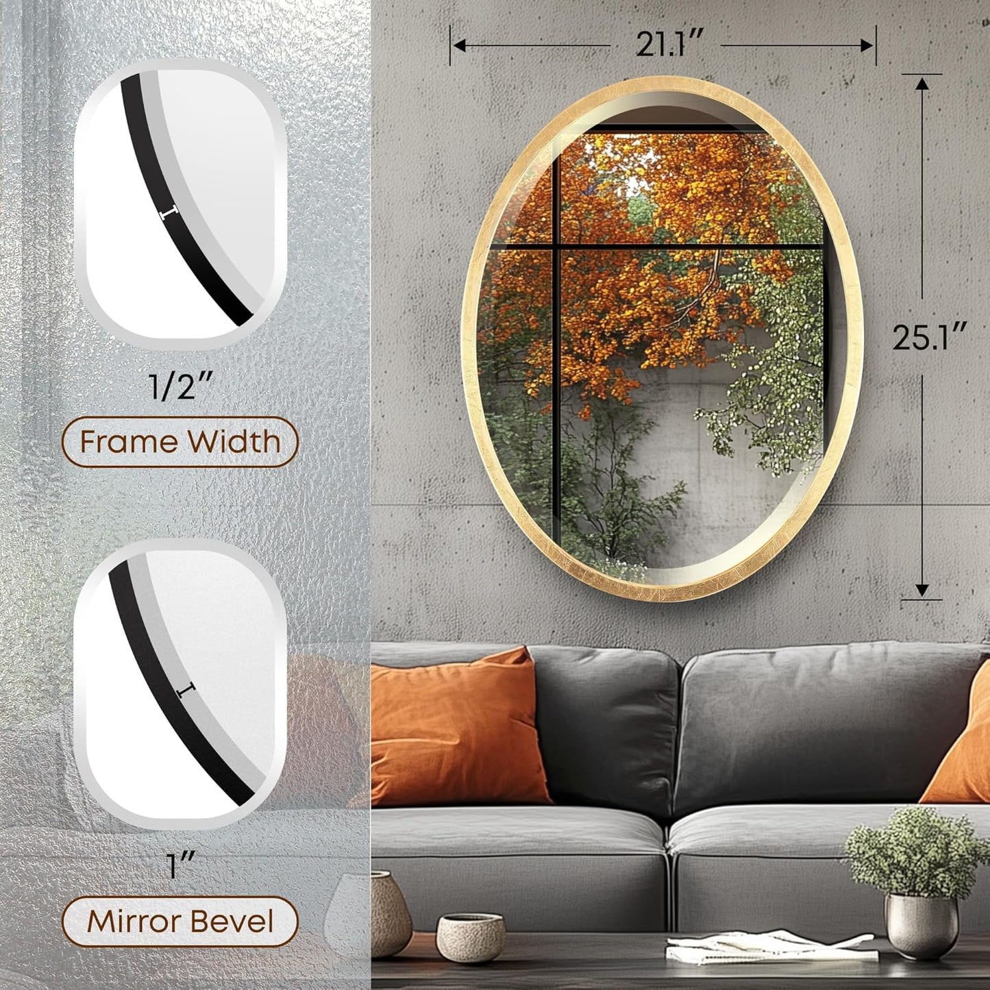 OVALCREST - Oval Wooden Beveled Wall Mirror for Home Decor, Bathroom, Vanity, Bedroom, Living Room, Hallway - London Style (Gold Leaf) 21.1 x 25.1