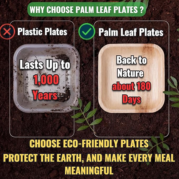 Palm Leaf Plates 10 Inch & 7 Inch – 50 Pack Palm Plates with 50 Wooden Forks & 50 Knives – Bamboo Plates Disposable and Bamboo Dinner Plates for Parties, Holidays, Christmas & New Year